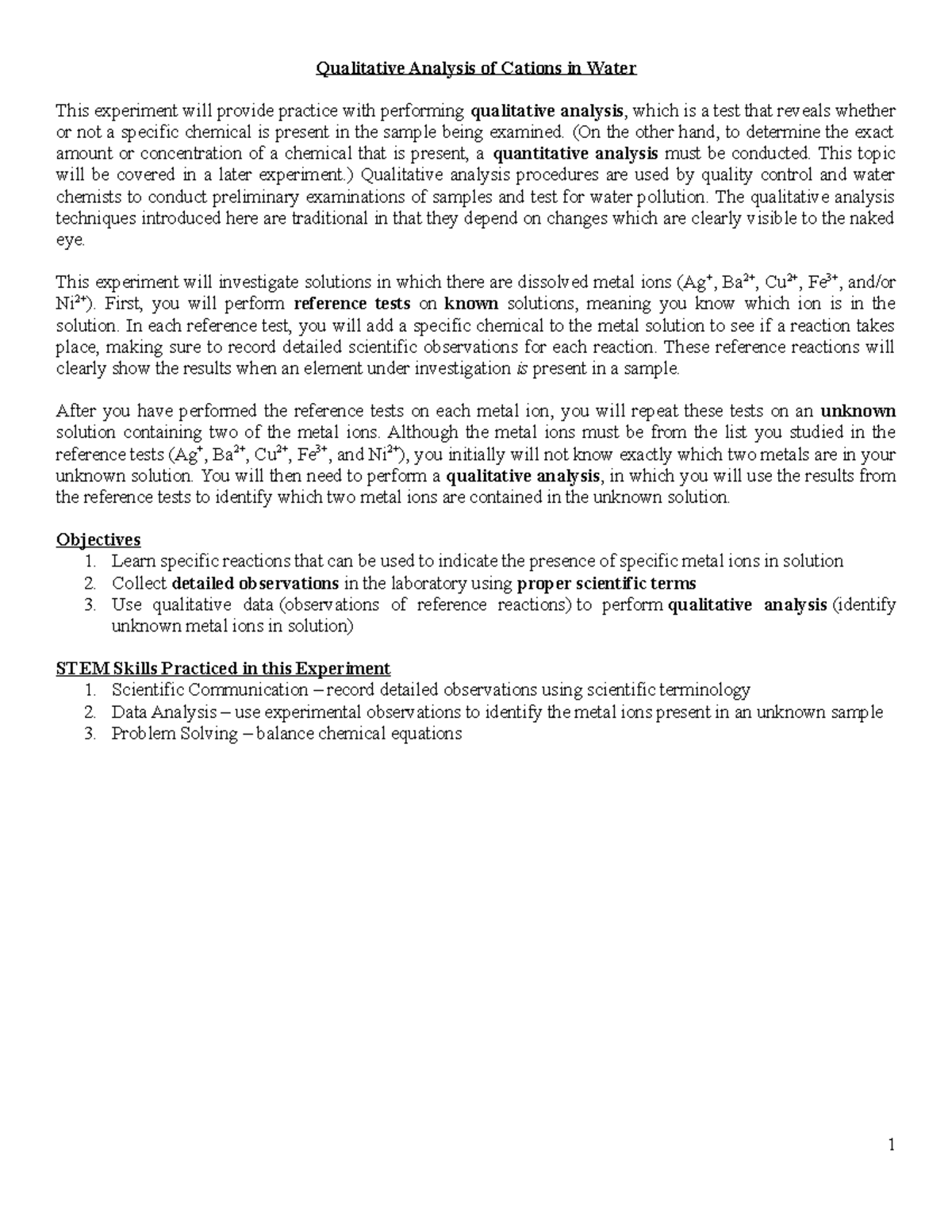 Qualitative Analysis of Cations in Water Lab Handout Qualitative
