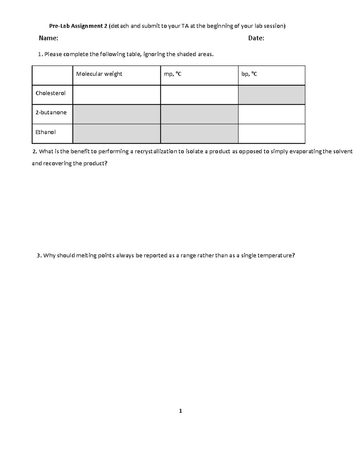 Pre-lab 2 & lab report 2 - Organic Chemistry - 1 Pre-Lab Assignment 2 ...