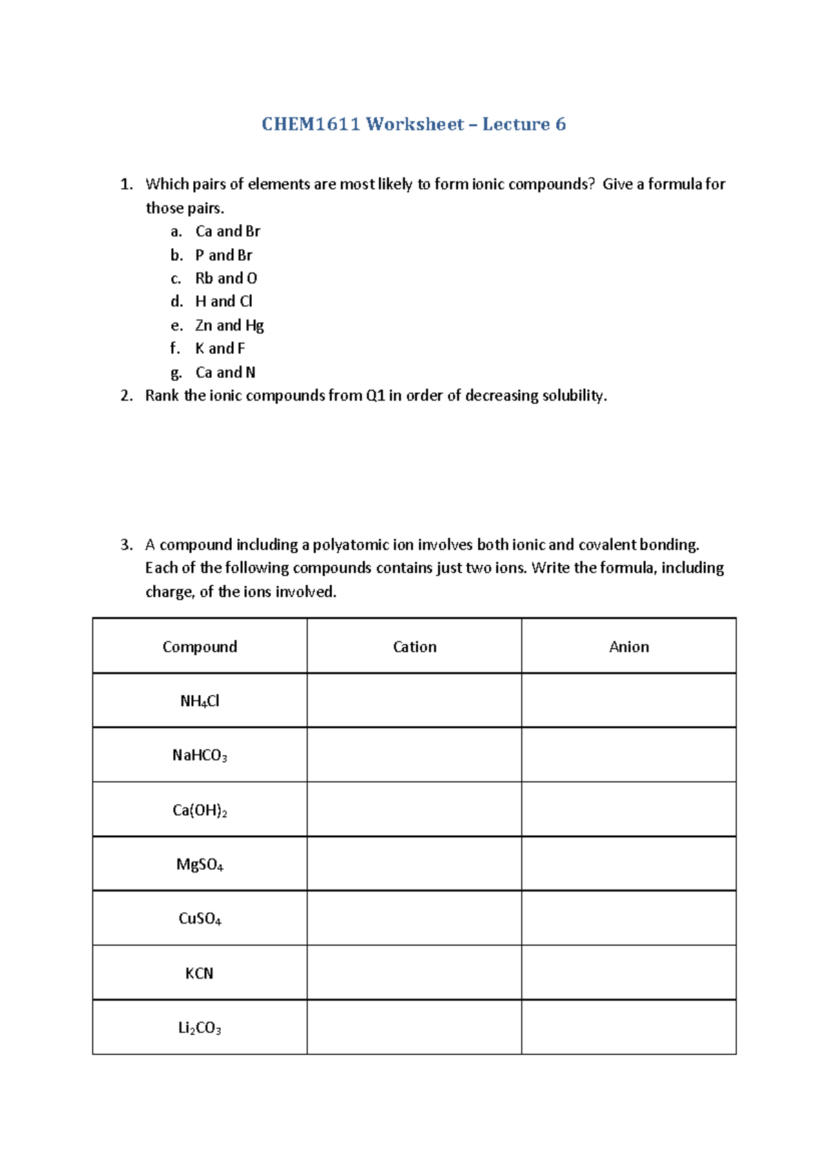 L6 Worksheet - lecture questions - CHEM1611 Worksheet – Lecture 6 Which ...