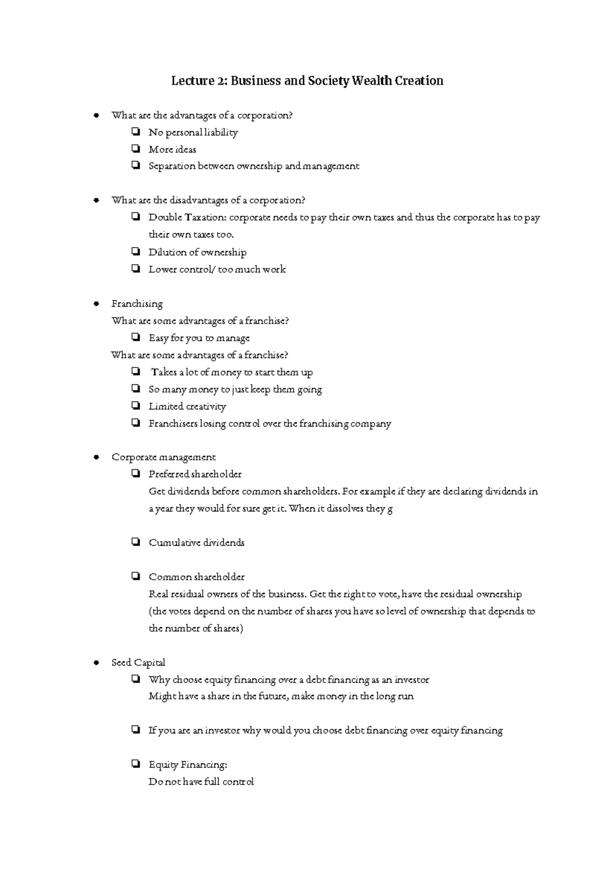 MGT100 Lecture 2 Notes - **Lecture 2: Business And Society Wealth ...