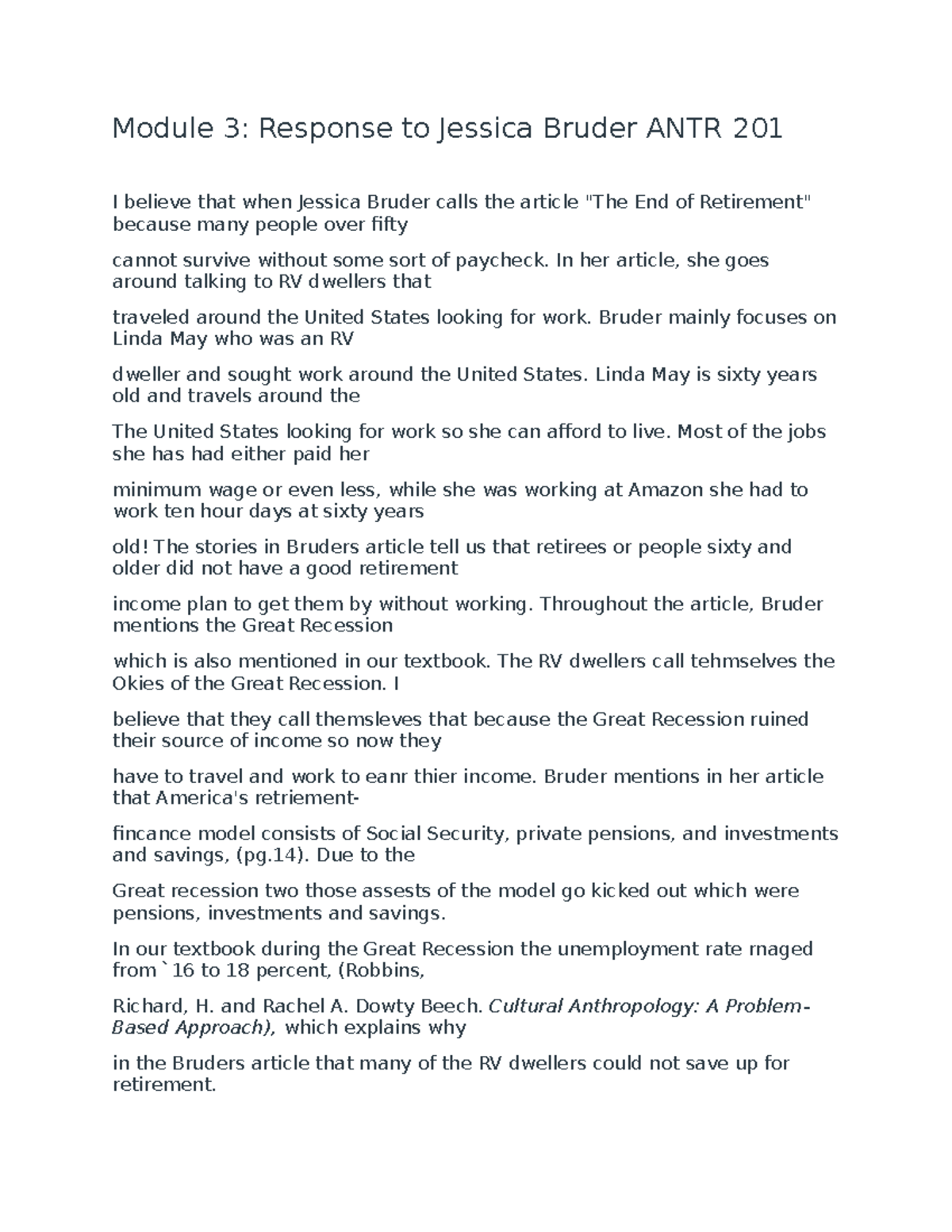 Module 3 ANtr 201 - Reading answers - Module 3: Response to Jessica ...