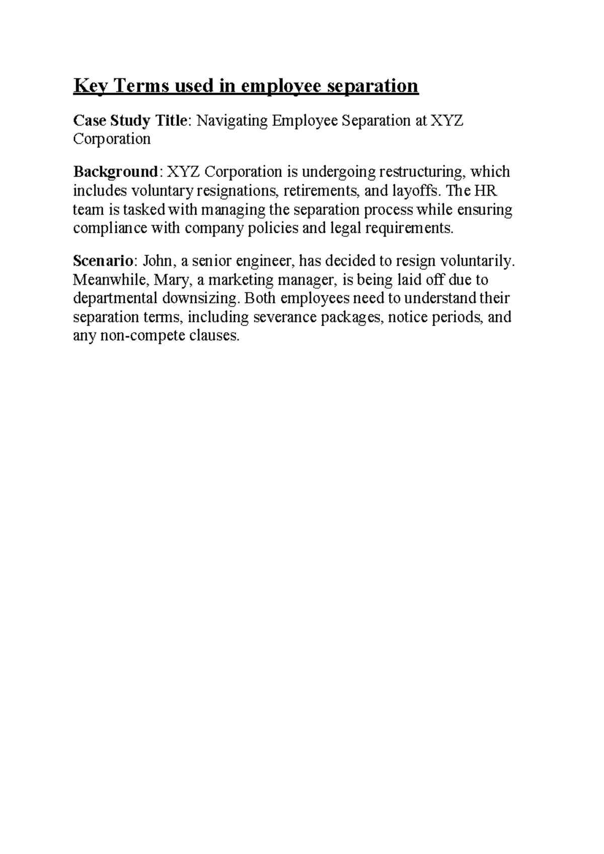 Employee seaparattion case study - Key Terms used in employee ...