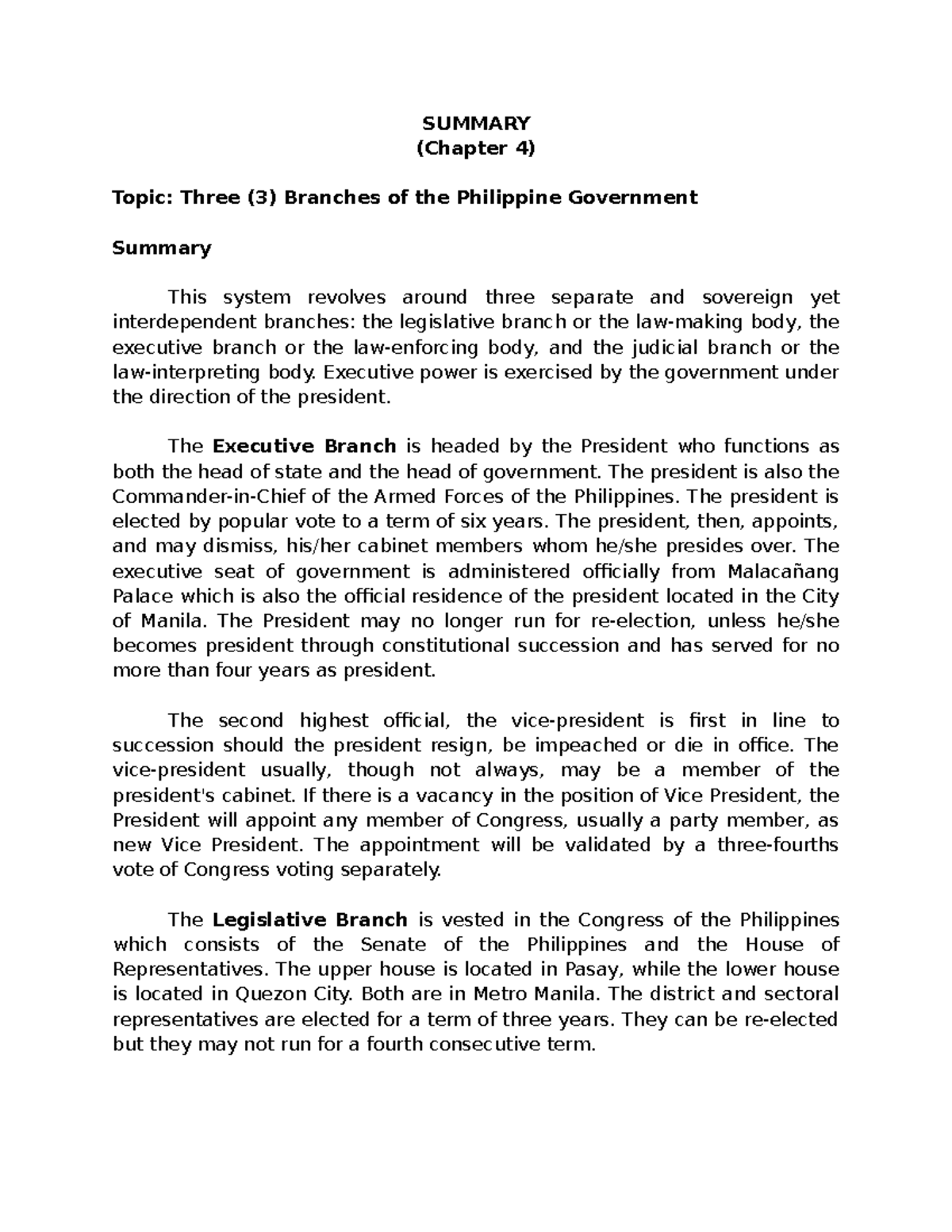 Three Branches Of The Philippine Government Summary Executive Power