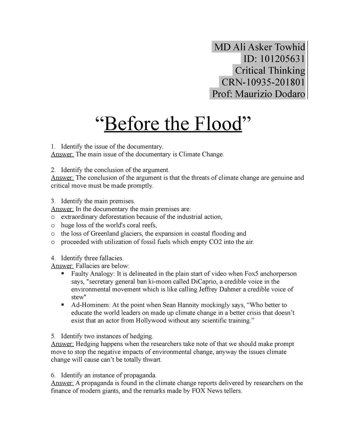 Before The Flood Worksheet