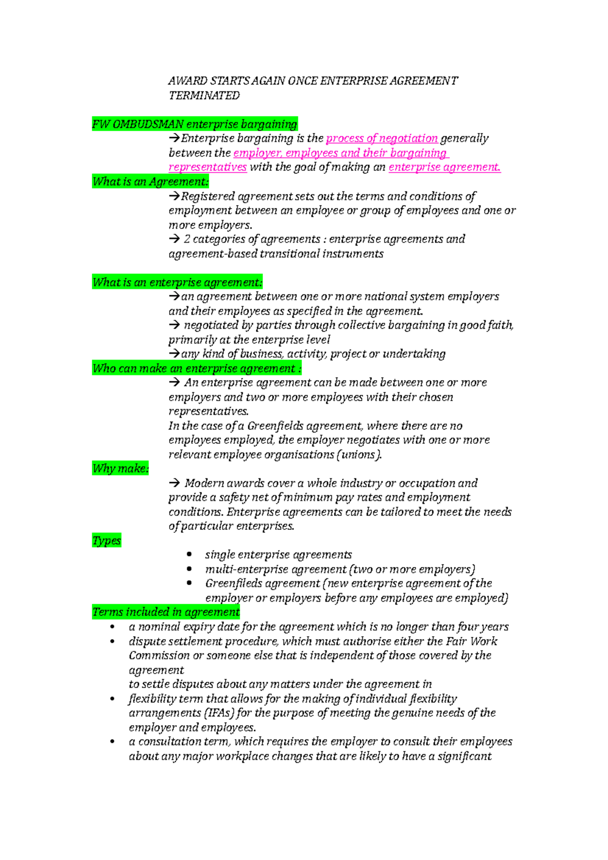 summary notes on enterprise agreements AWARD STARTS AGAIN ONCE ENTERPRISE AGREEMENT TERMINATED summary notes on enterprise agreements AWARD STARTS AGAIN ONCE ENTERPRISE AGREEMENT TERMINATED