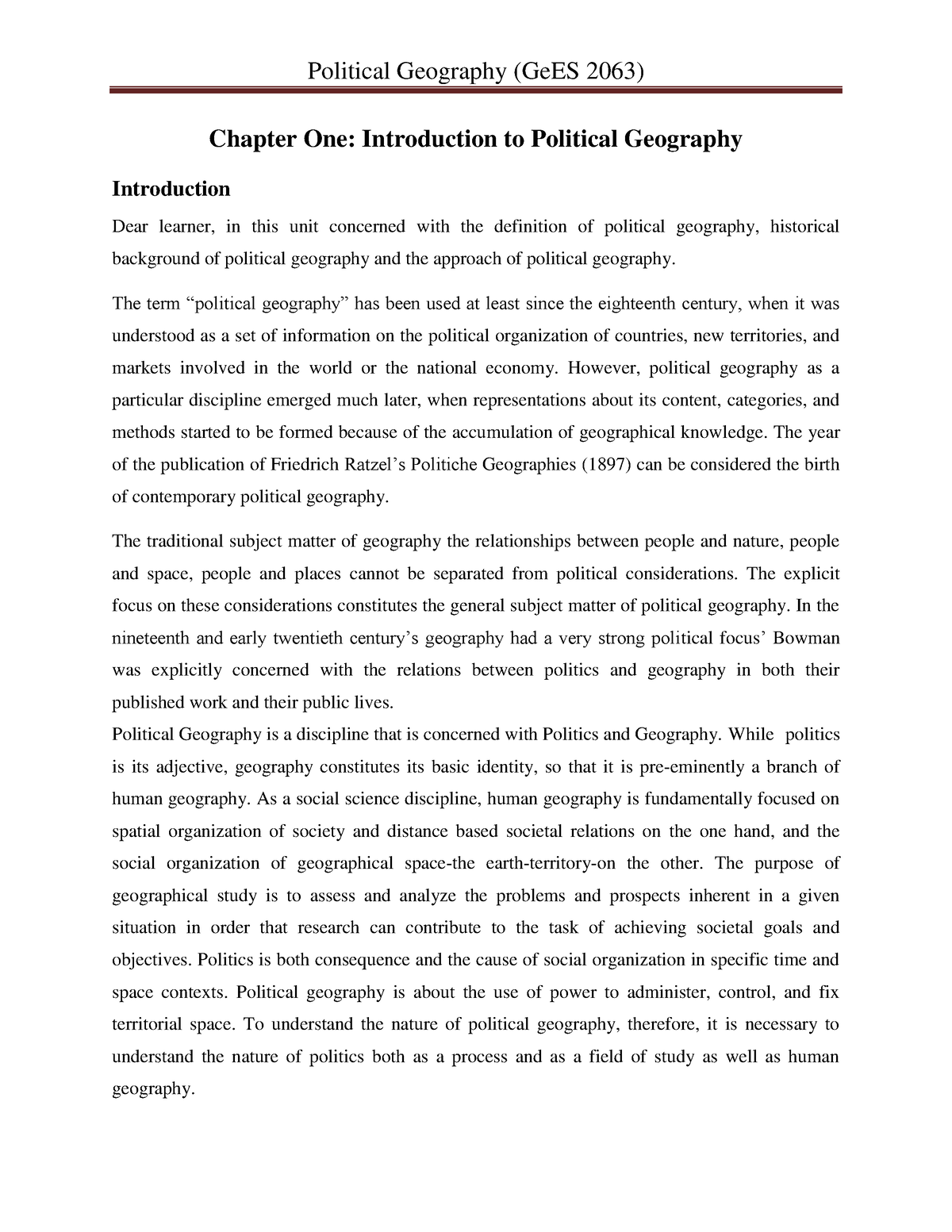 Political Geography Ge ES - Chapter One: Introduction To Political ...