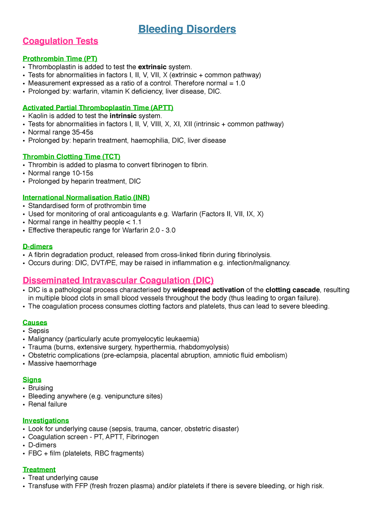 Bleeding Disorders - Notes - Bleeding Disorders Coagulation Tests ...