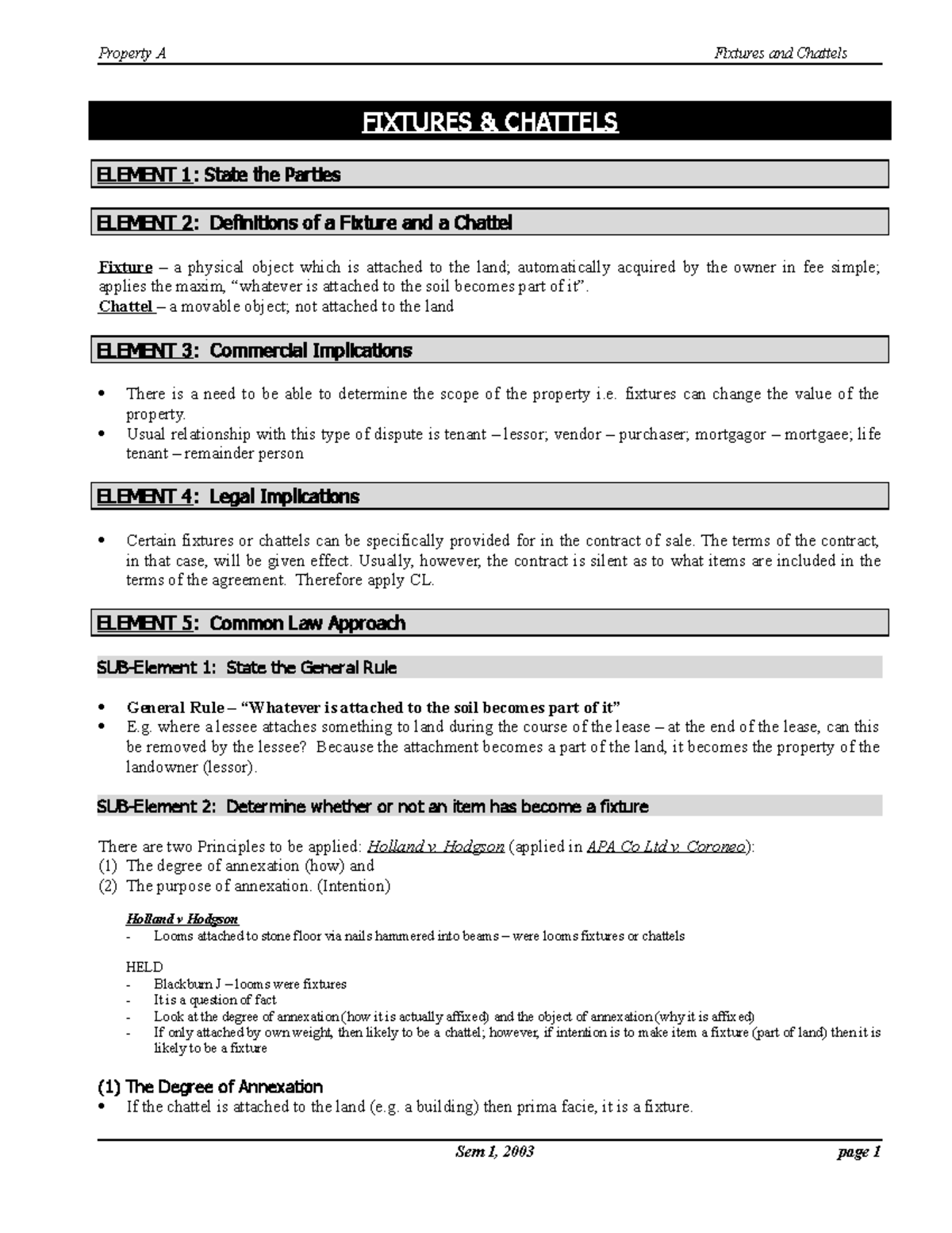 Fixtures & Chattels prop law notes exam Property A Fixtures and Chattels FIXTURES & Studocu