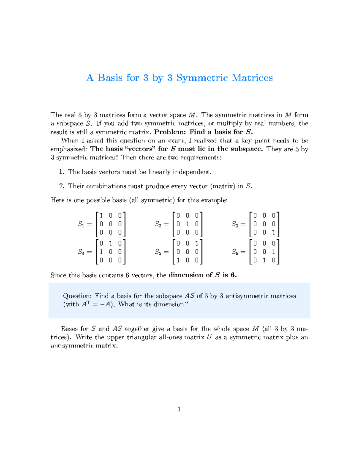 A basis for 3 by 3 symmetric matrices - - Studocu