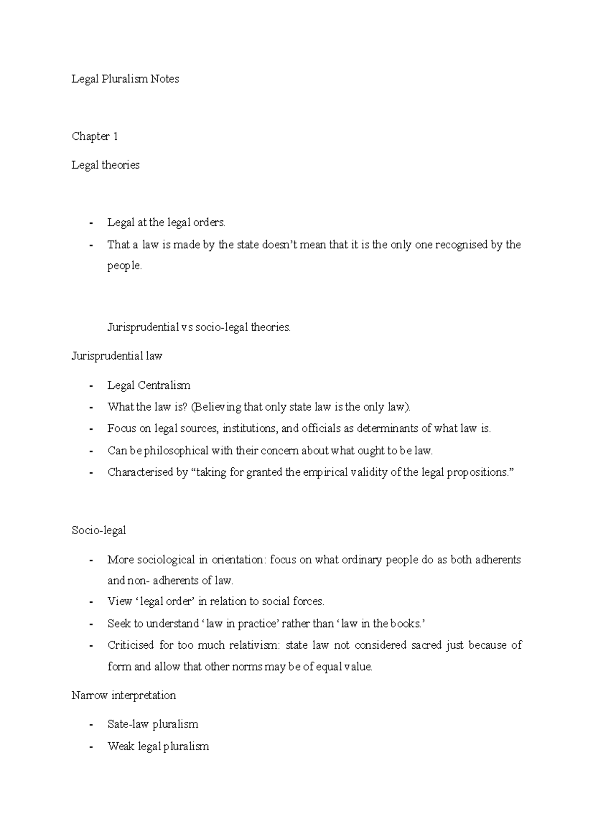 Legal Pluralism Notes 2021 - Legal Pluralism Notes Chapter 1 Legal ...