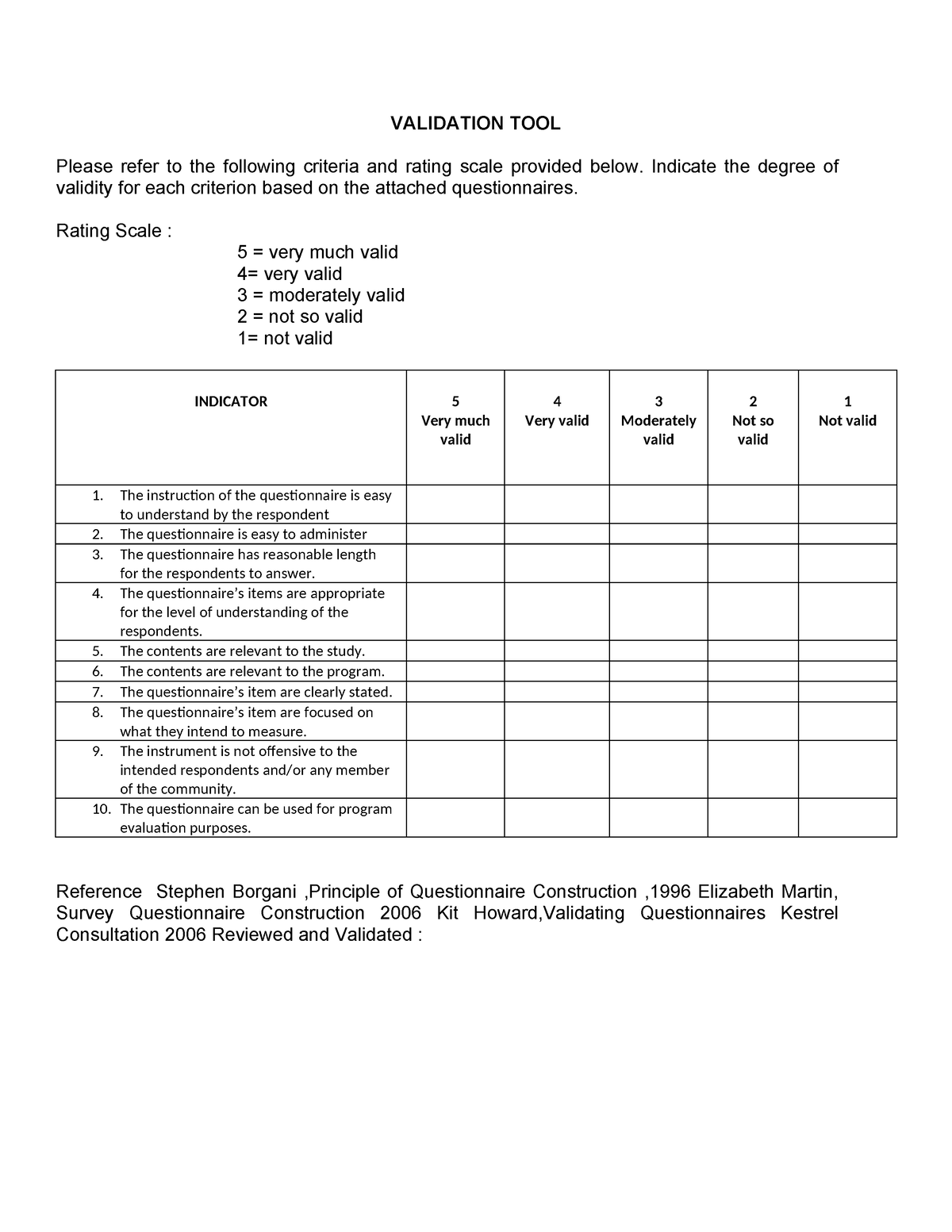 Validation Tool For Quantitative Validation Tool Please Refer To The Following Criteria And