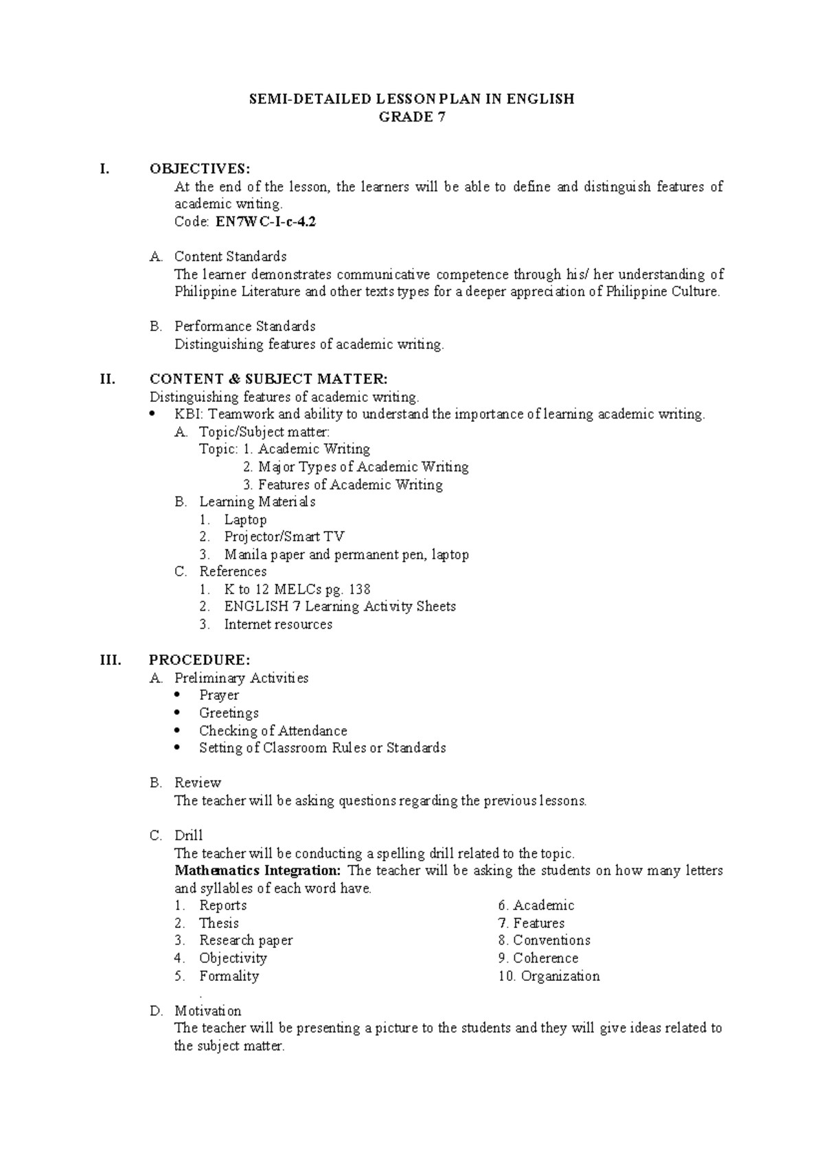 English - SEMI detailed LP 2024-2025 - SEMI-DETAILED LESSON PLAN IN ...