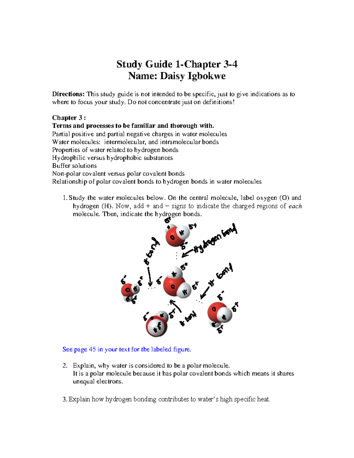 BIO-181-Study Guide-Ch3-4 - Study Guide 1-Chapter 3- 4 Name: Daisy ...