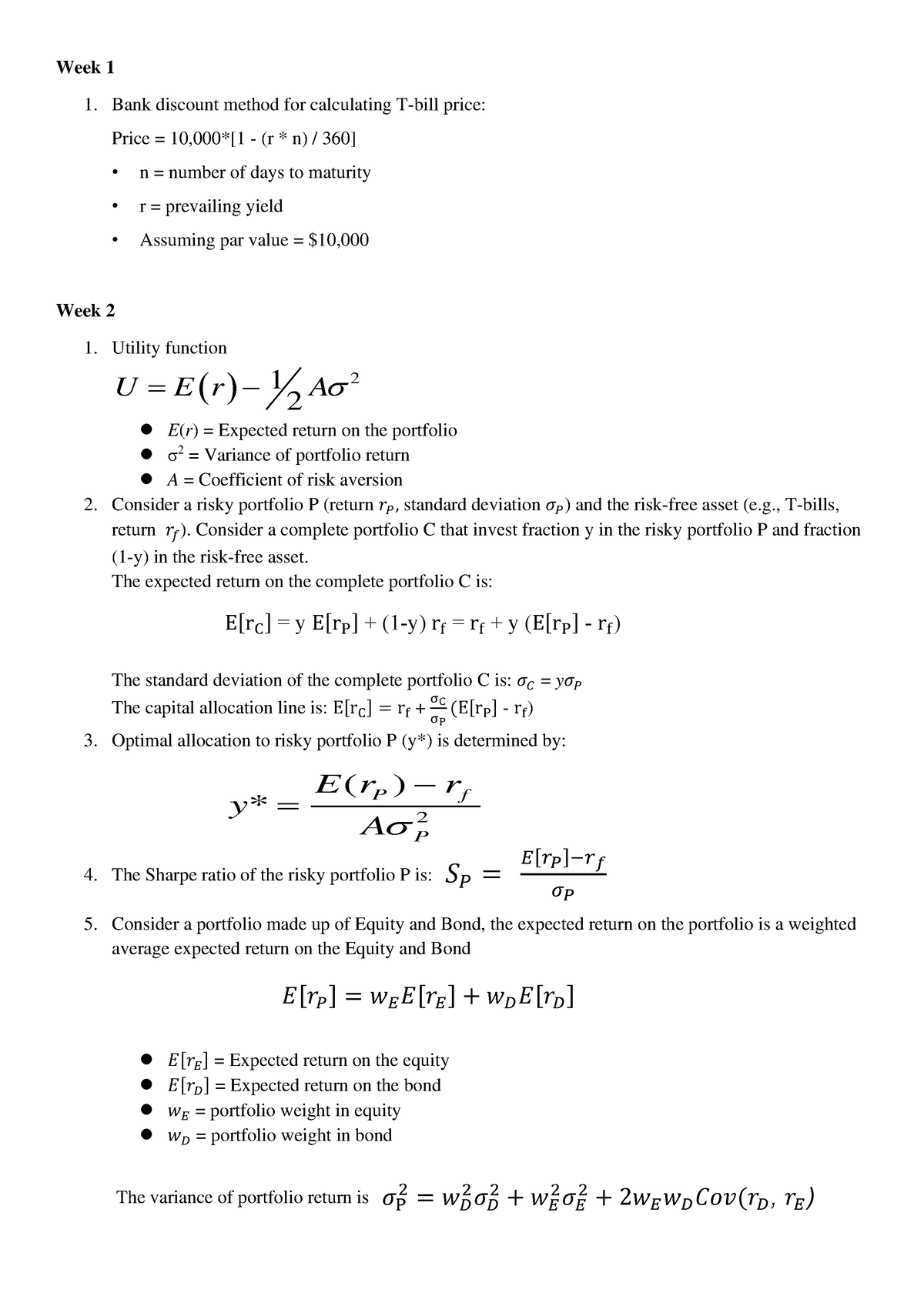 Formula Sheet for Midterm Exam - Week 1 Bank discount method for ...