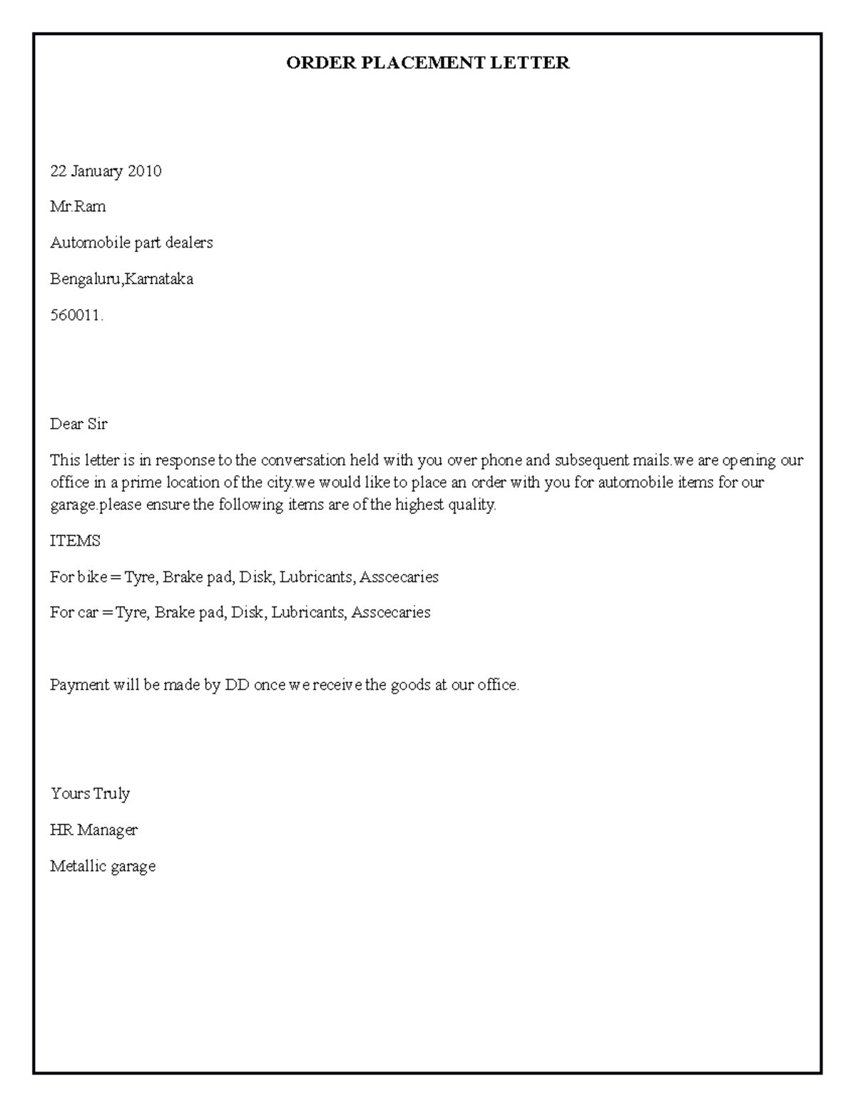 Order Placement Letter - ORDER PLACEMENT LETTER 22 January 2010 Mr ...