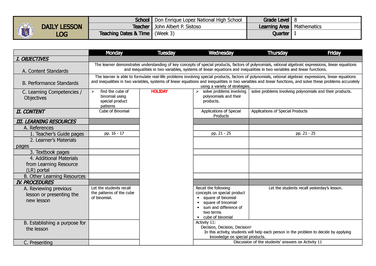 Sample Grade 8 DLL Q1W3 - DAILY LESSON LOG School Don Enrique Lopez ...