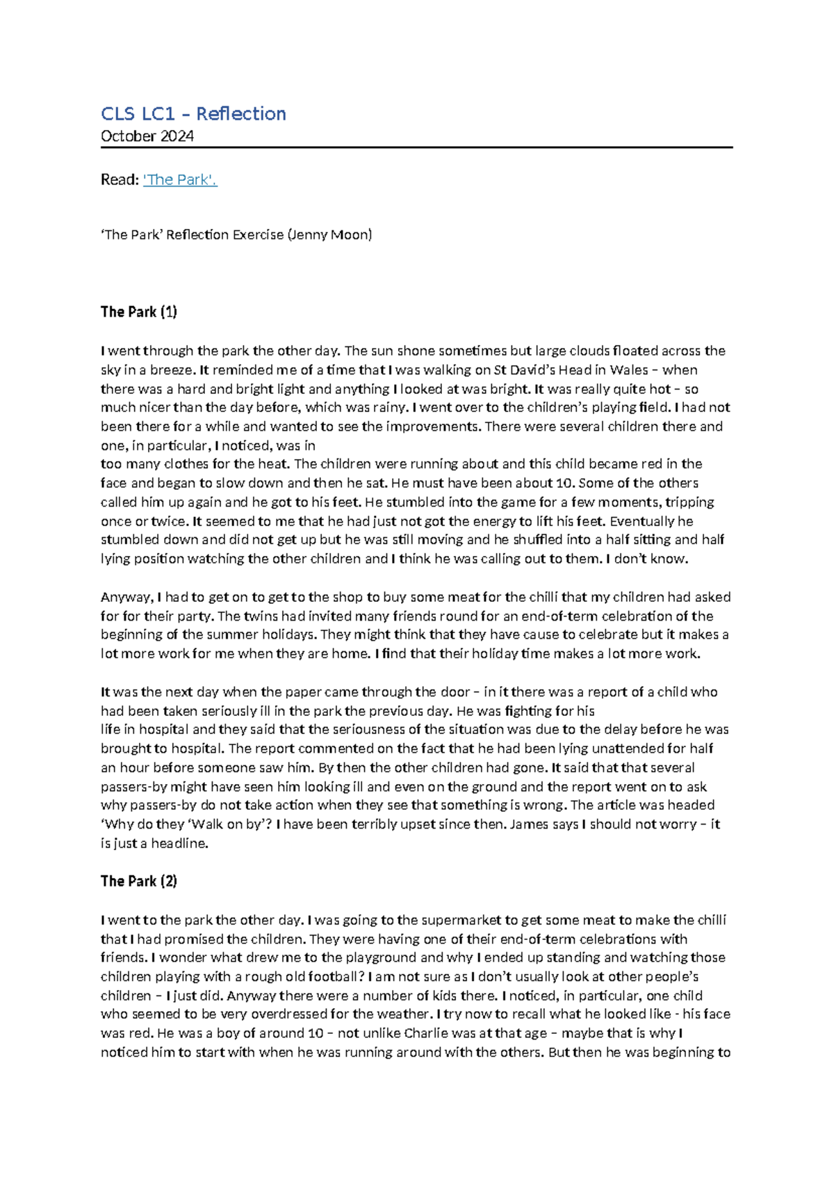 CLS reflective writing - CLS LC1 – Reflection October 2024 Read: 'The ...
