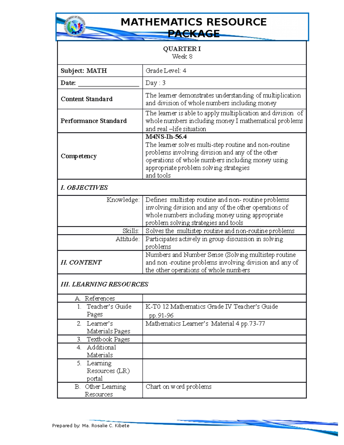 Math4 Q1 Week8 Day3 Good Package Quarter I Week 8 Subject Math