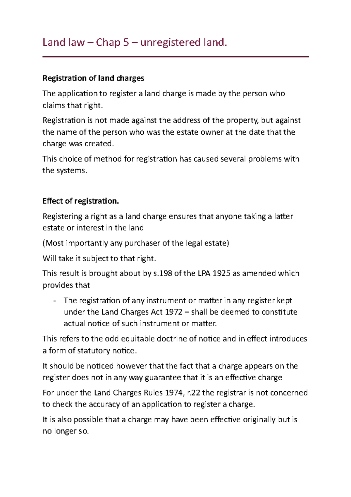 Land law chap 5 land law Land law Chap 5 unregistered land