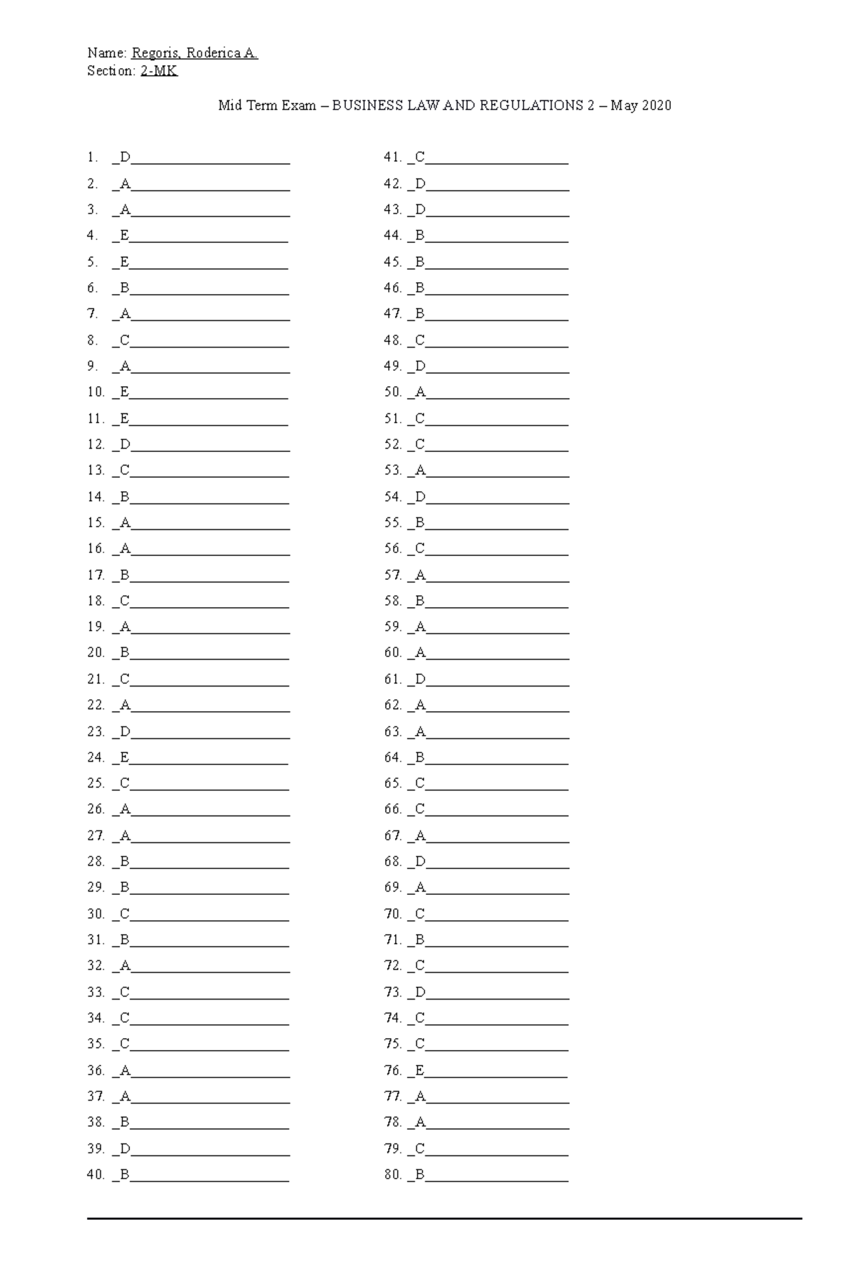 Midterm Exam- Regoris, Roderica A - Name: Regoris, Roderica A. Section ...