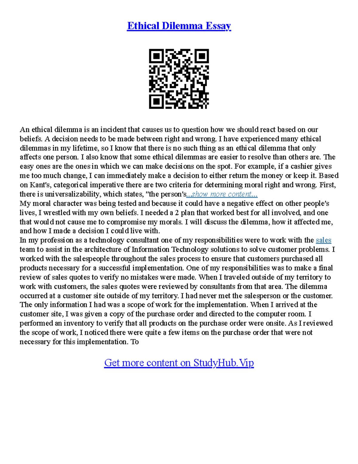 Essay On Ethical Dilemma - Ethical Dilemma Essay An ethical dilemma is ...