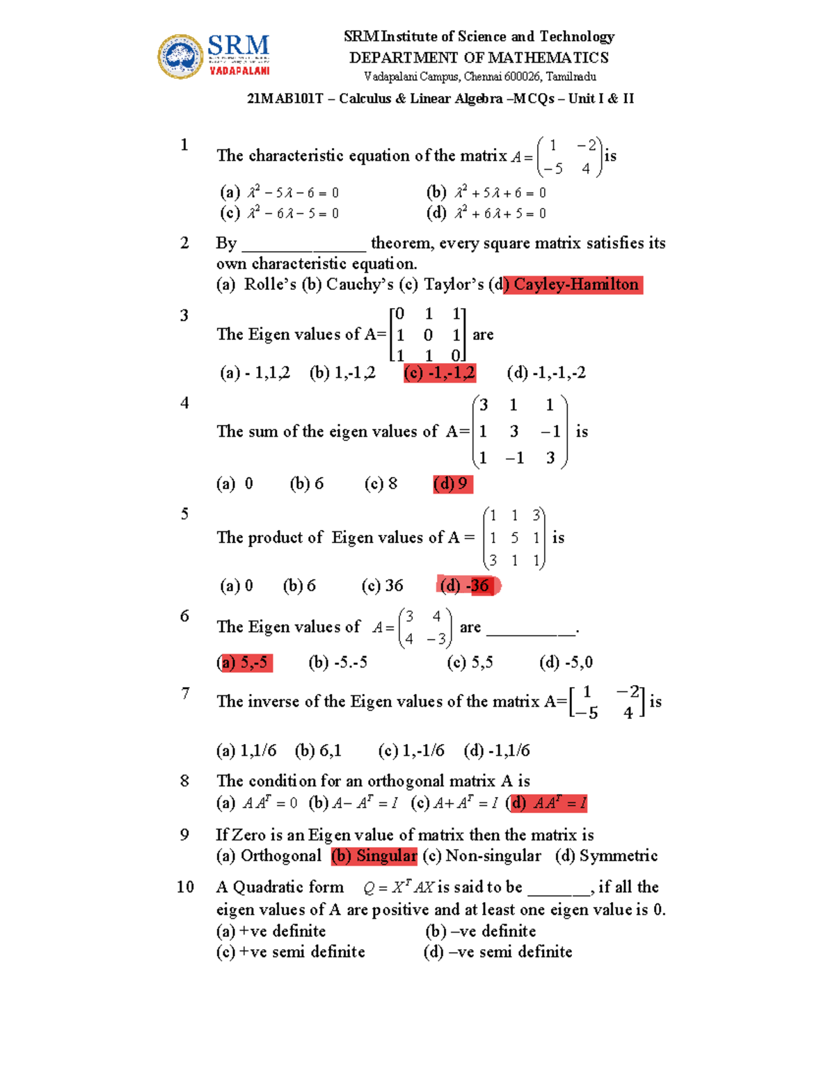 MCQ UI,U2 Answers Marked - SRM Institute of Science and Technology ...