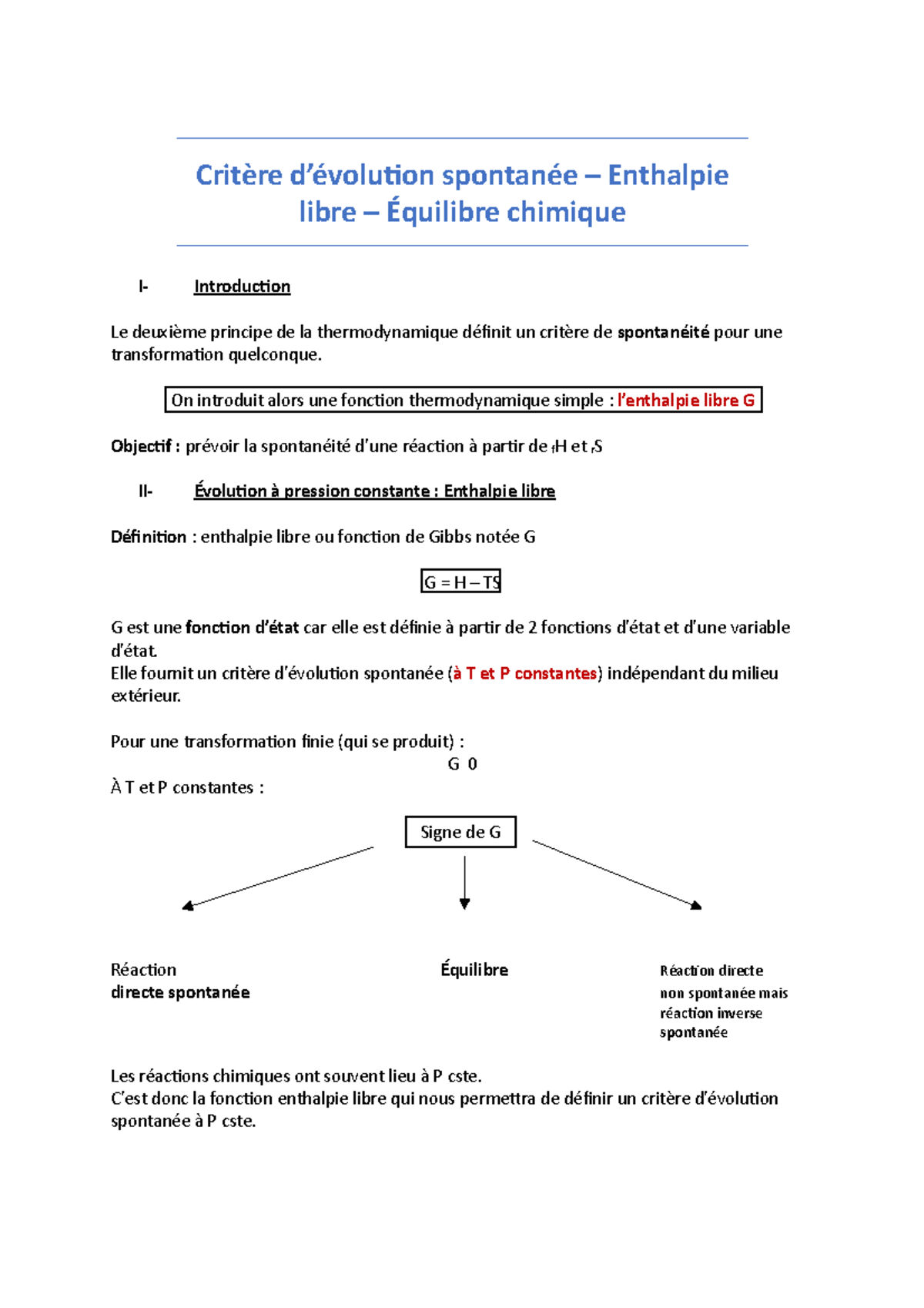 (5) - Critère d'évolution spontanée - Enthalpie libre - Critère d ...
