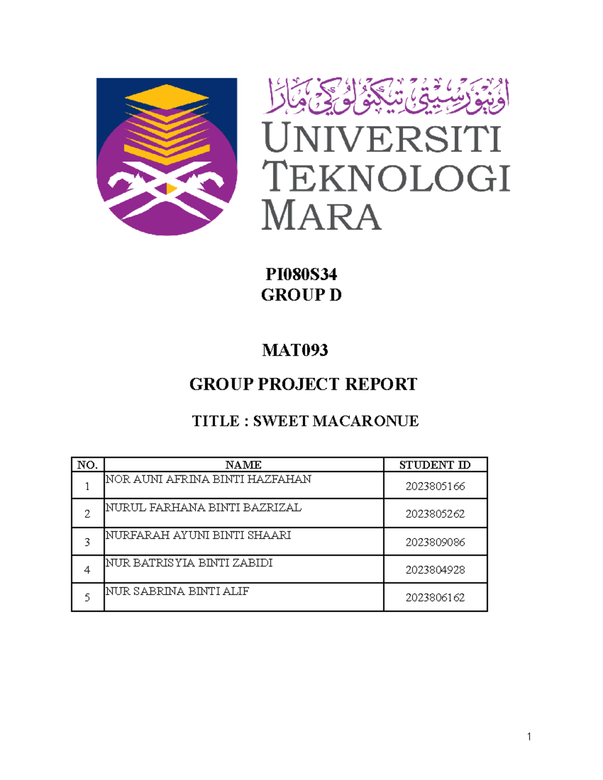 MAT093 assignment - MATH 093 - PI080S GROUP D MAT GROUP PROJECT REPORT ...