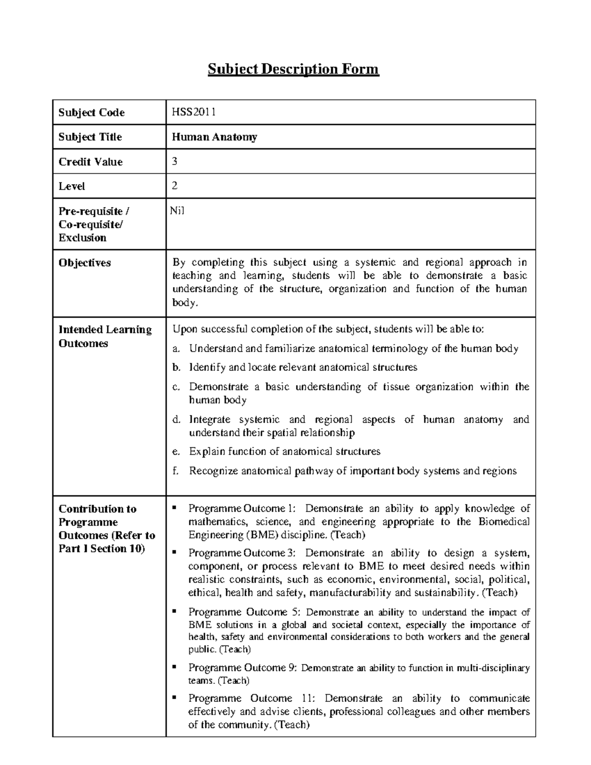 HSS2011 Course Outline Subject Description Form Subject Code HSS