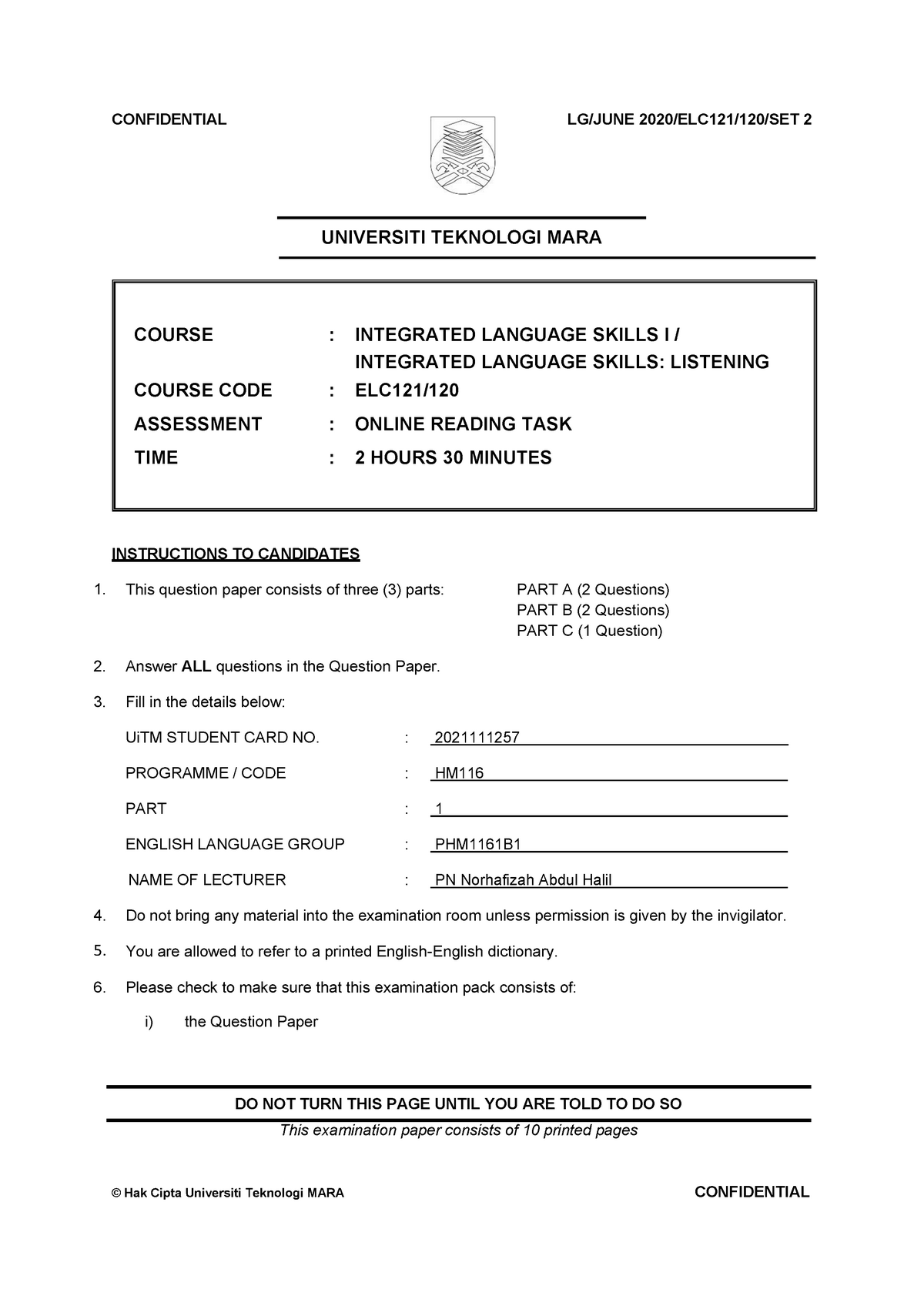 Elc121 Reading Task Question Paper June 2020 Set 2 Converted Universiti Teknologi Mara Course Studocu