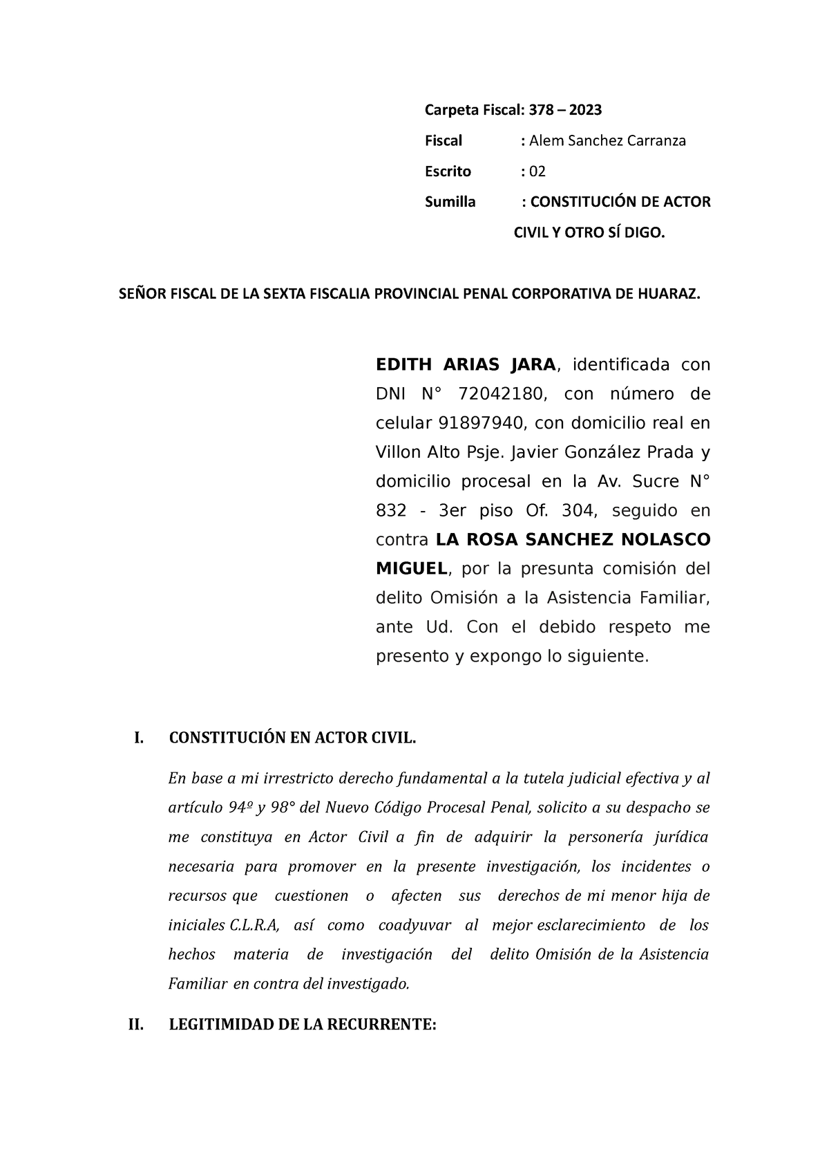 Constitucion DE Actor Civil CASO Edith Arias - Carpeta Fiscal: 378 ...