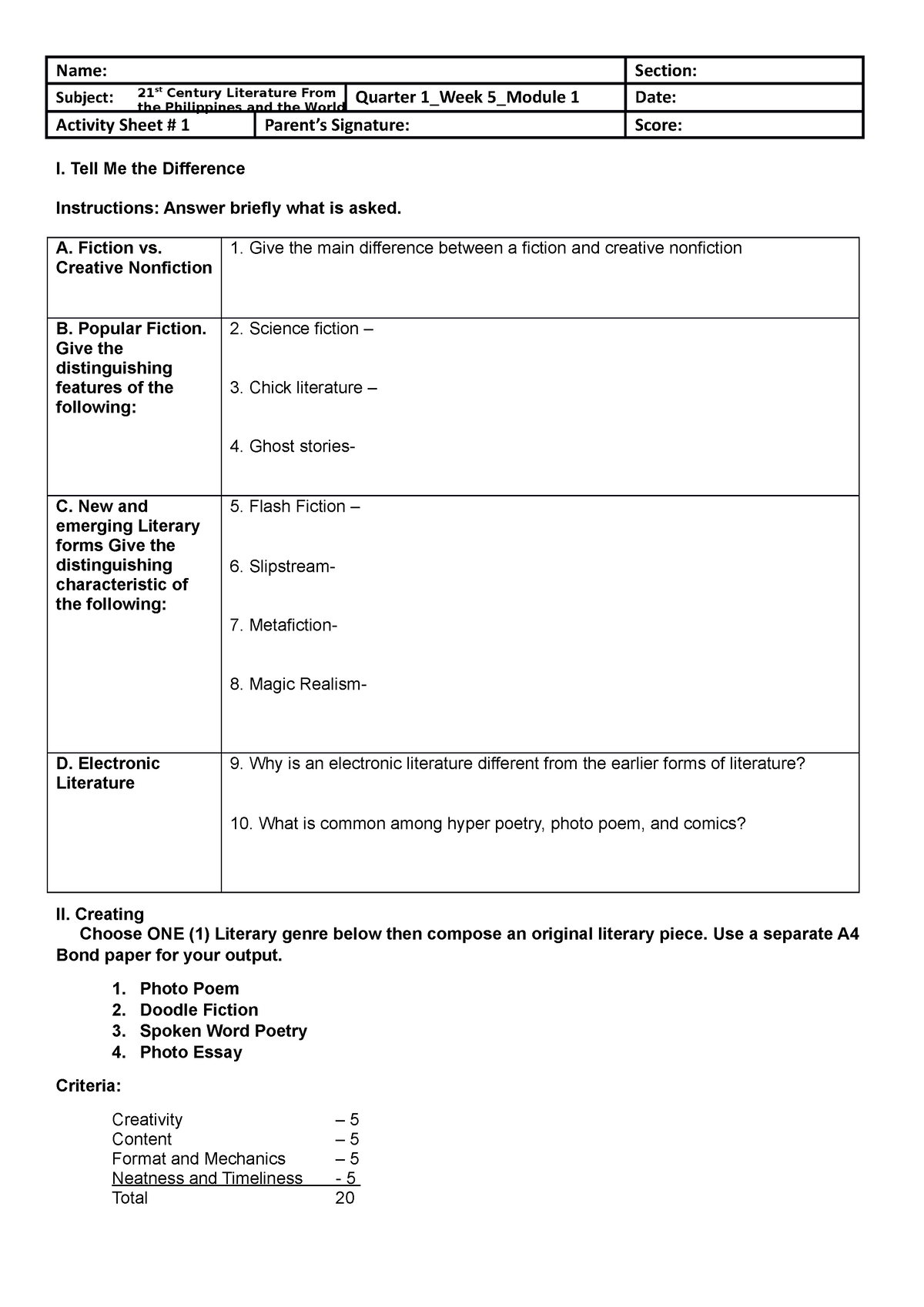 21st Century lit Activity Sheet - Name: Section: Subject: Quarter 1 ...