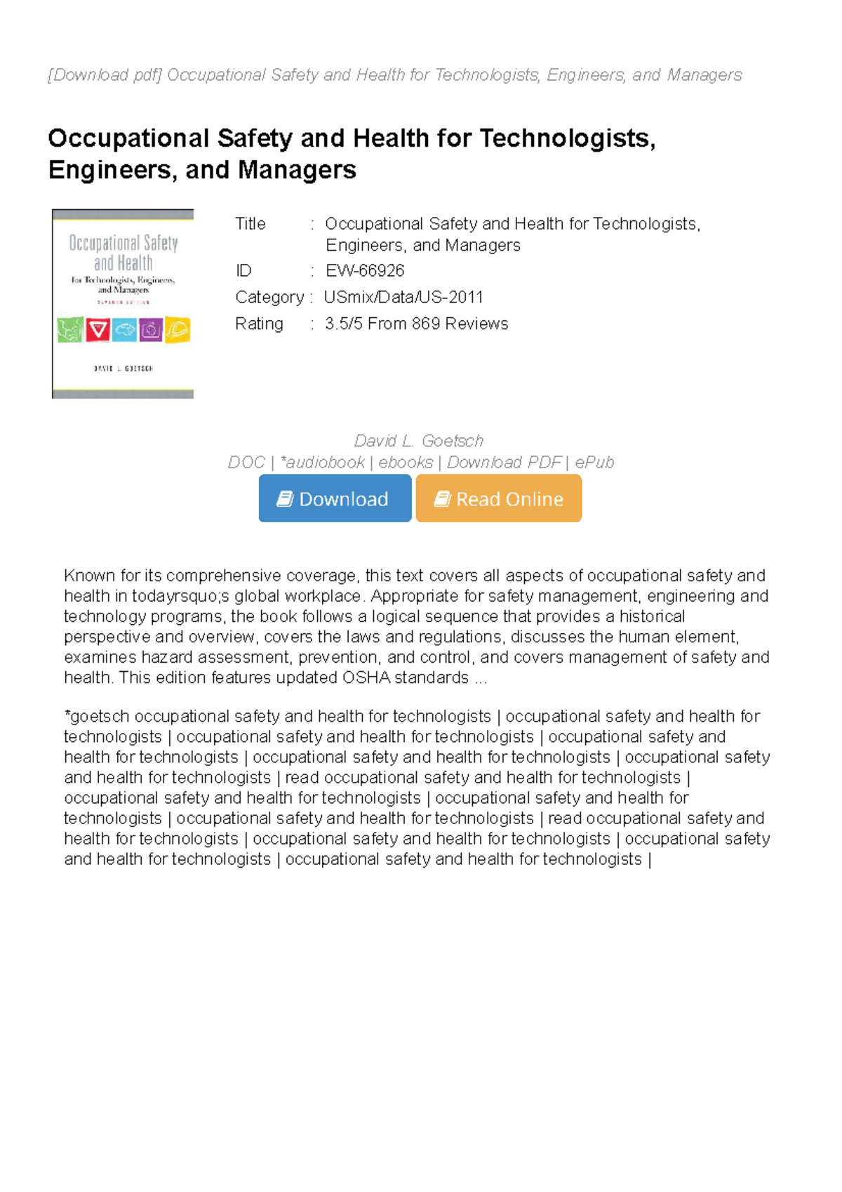 Occupational safety and health for technologists engineers and managers