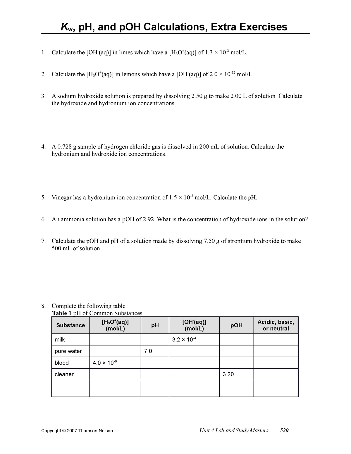 Chem 30 acid base equilibrium - K w, pH, and pOH Calculations, Extra ...