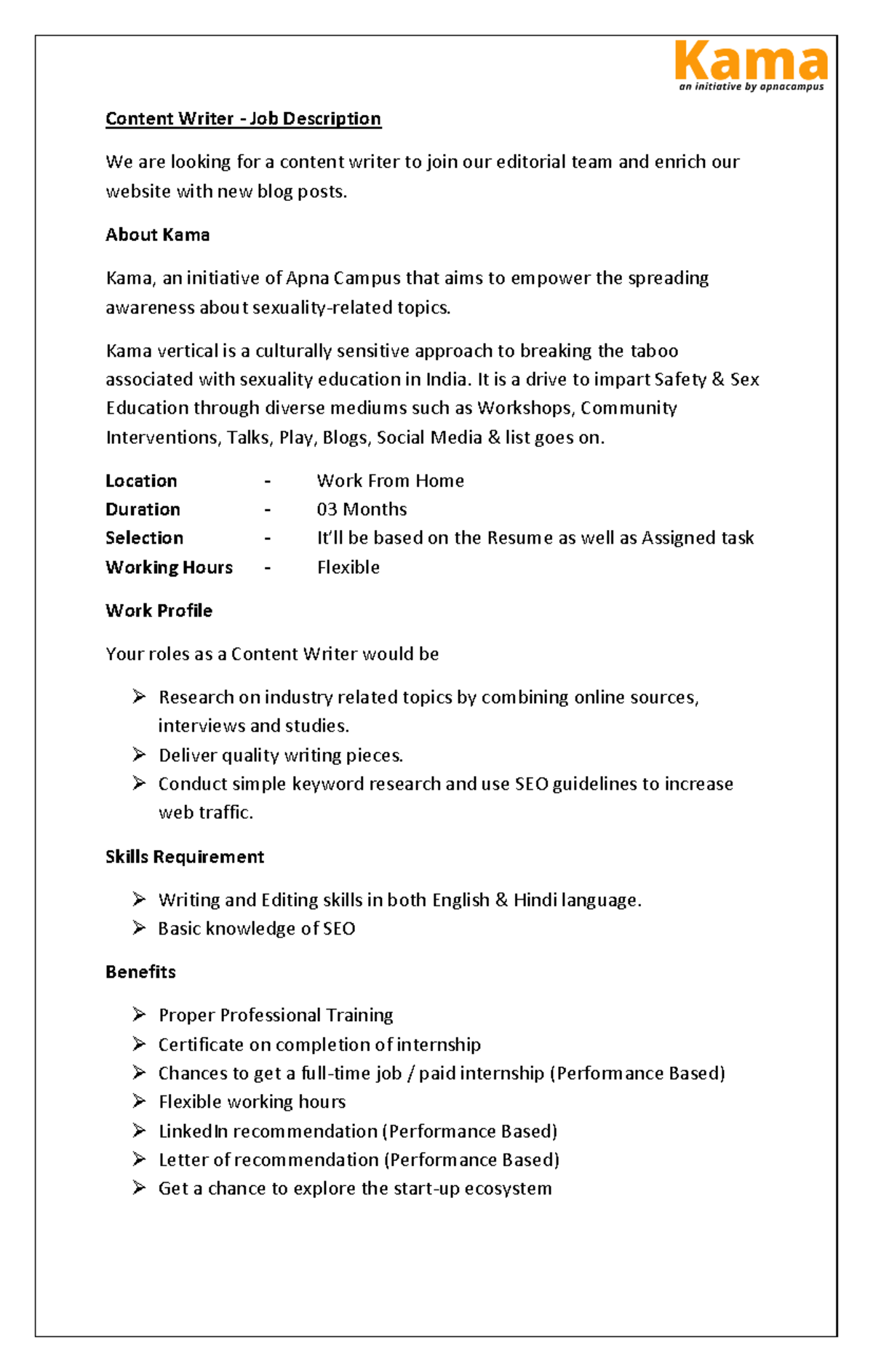 Kama Content Writer - n.a - Content Writer - Job Description We are ...