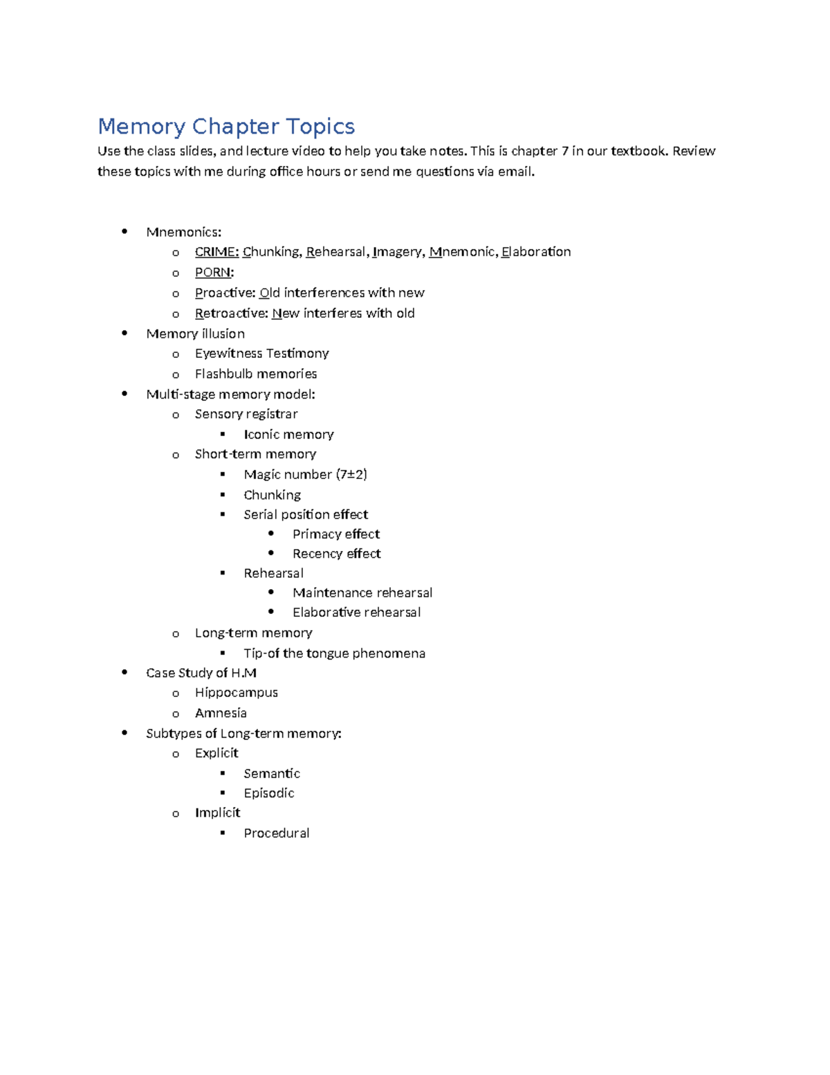 Memory Chapter 7 Topics - Memory Chapter Topics Use the class slides ...