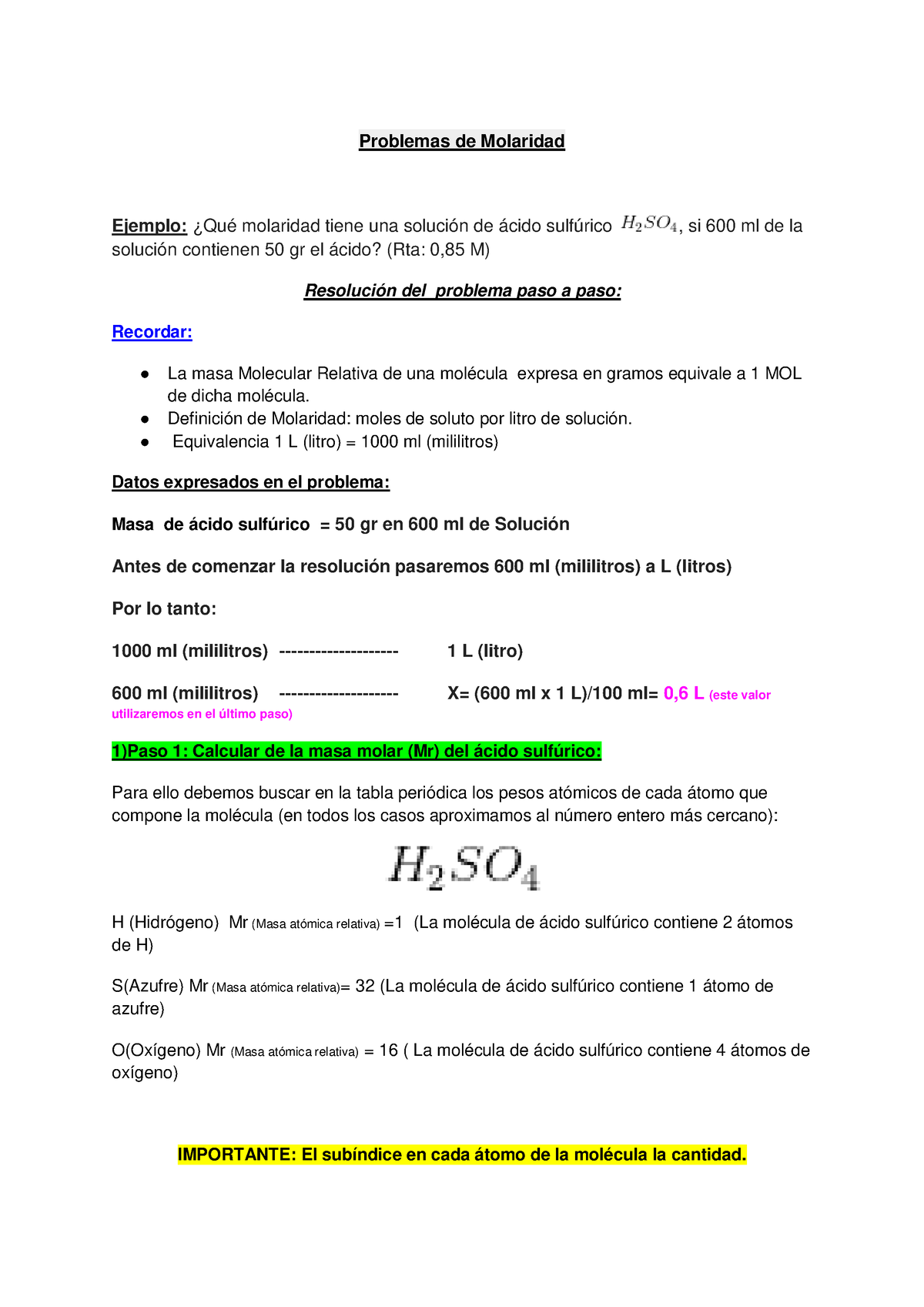 Ejemplo De Problema Resuelto De Molaridad - Problemas De Molaridad ...