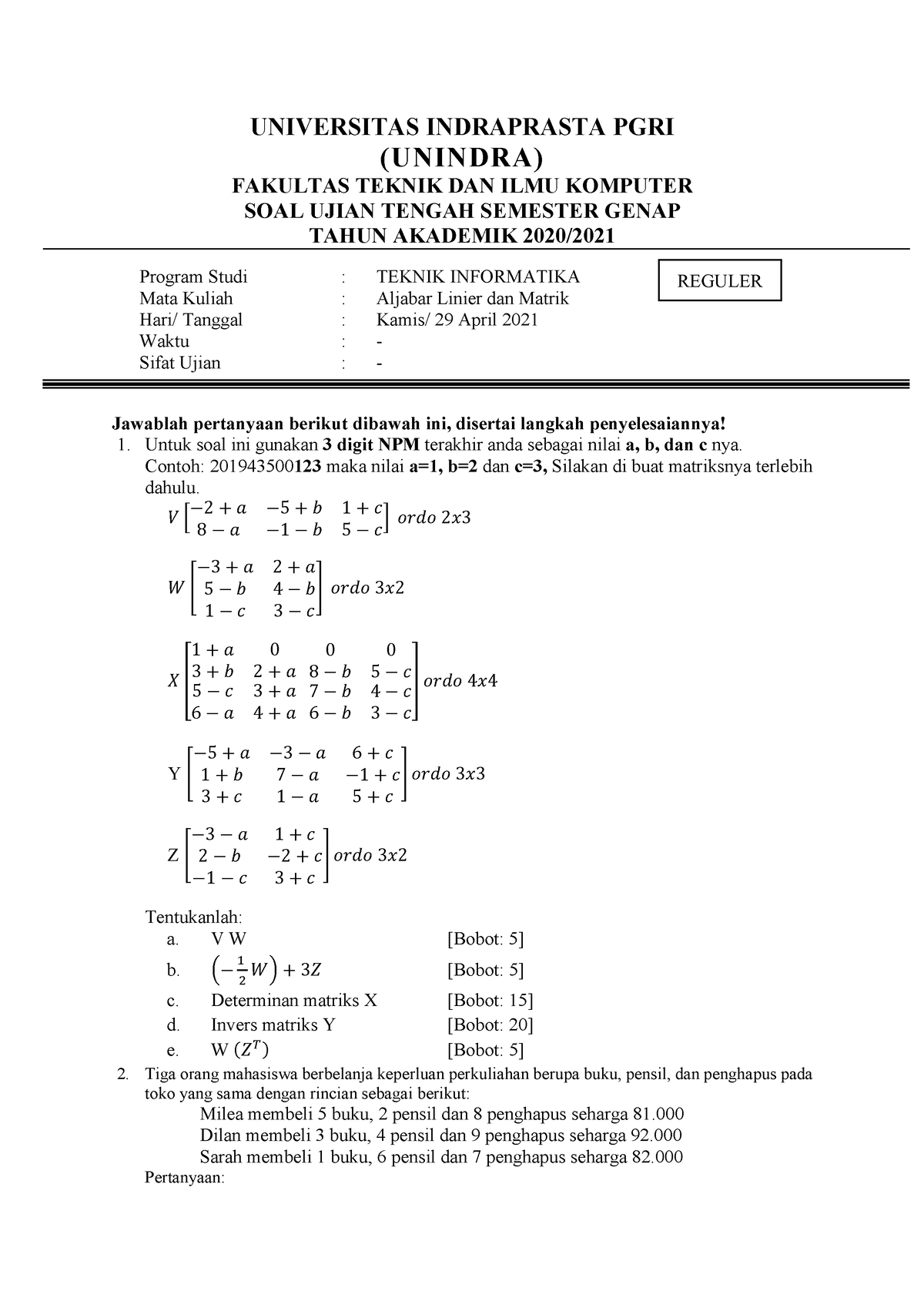 Aljabar Linier Dan Matrik 290421 Reguler - UNIVERSITAS INDRAPRASTA PGRI ...