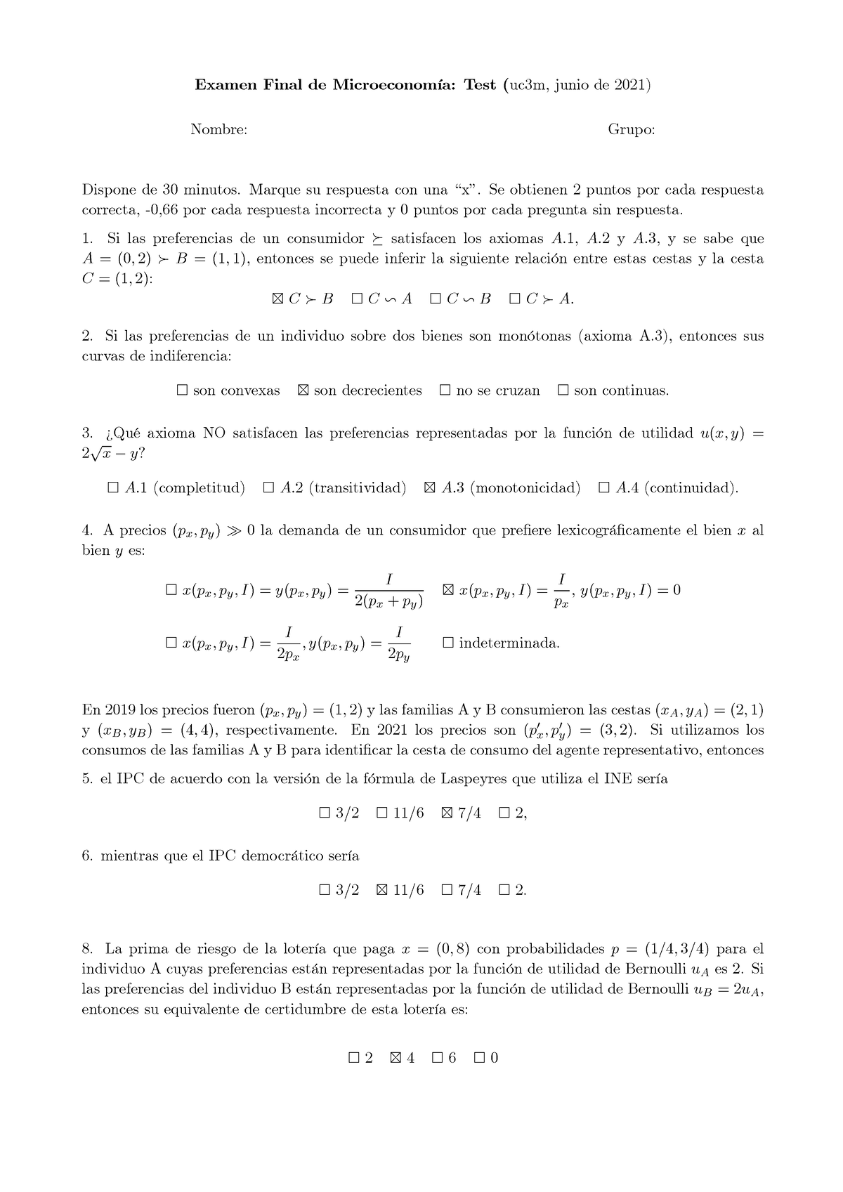 Junio 2021 Test - Examen Final De MicroeconomÌa: Test (uc3m, Junio De ...