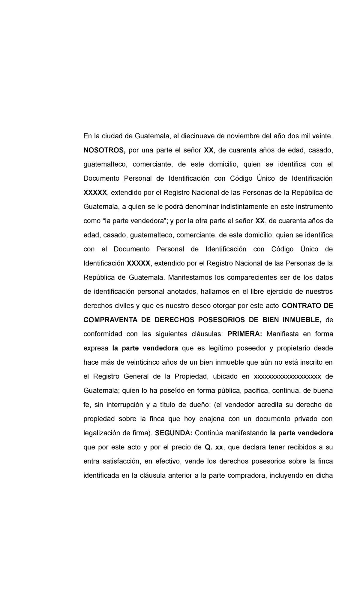 Documento Privado DE Compraventa DE Derechos Posesorios - En La Ciudad ...