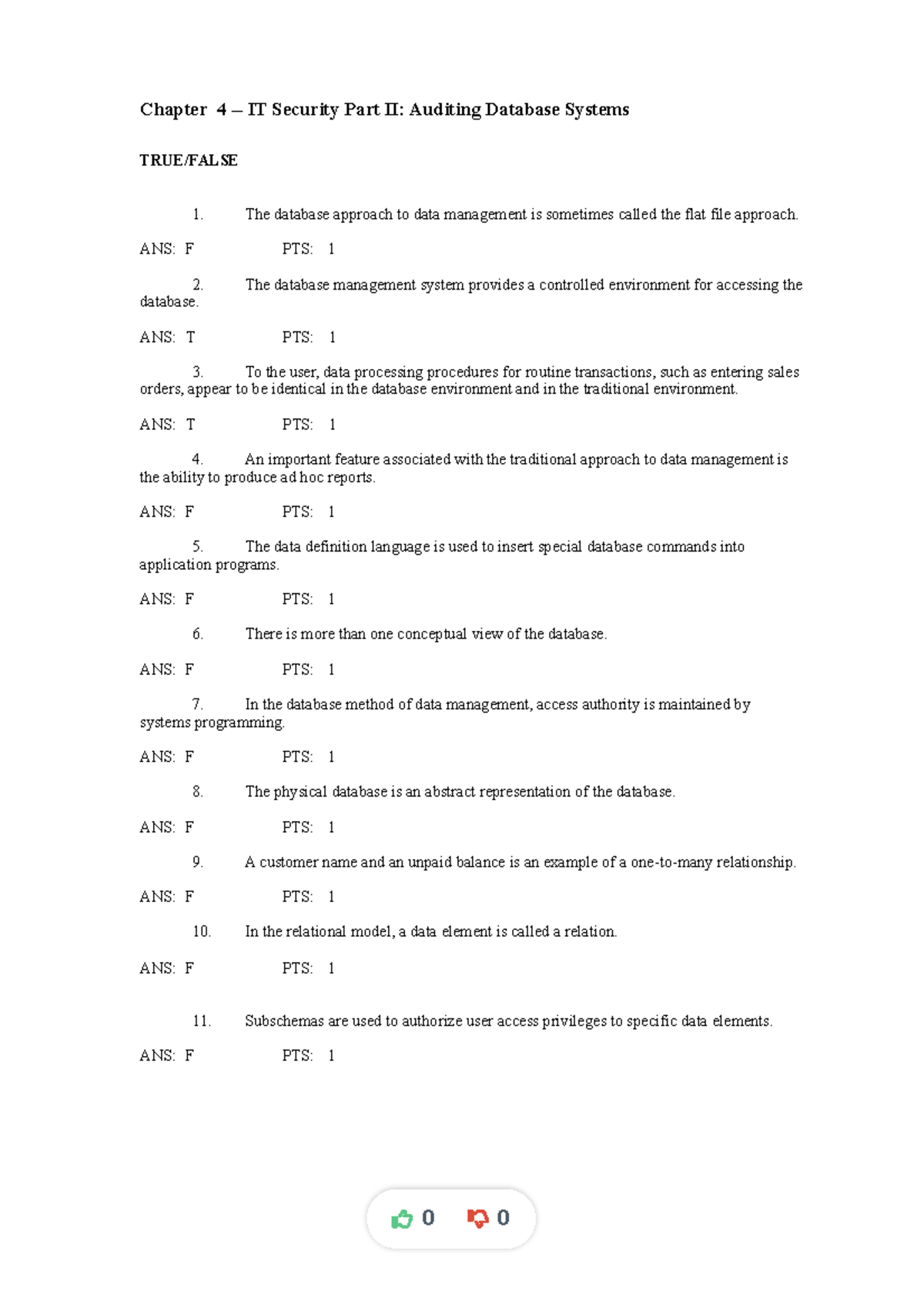 CHAP 4 - quizzer - Chapter 4 - IT Security Part II: Auditing Database ...