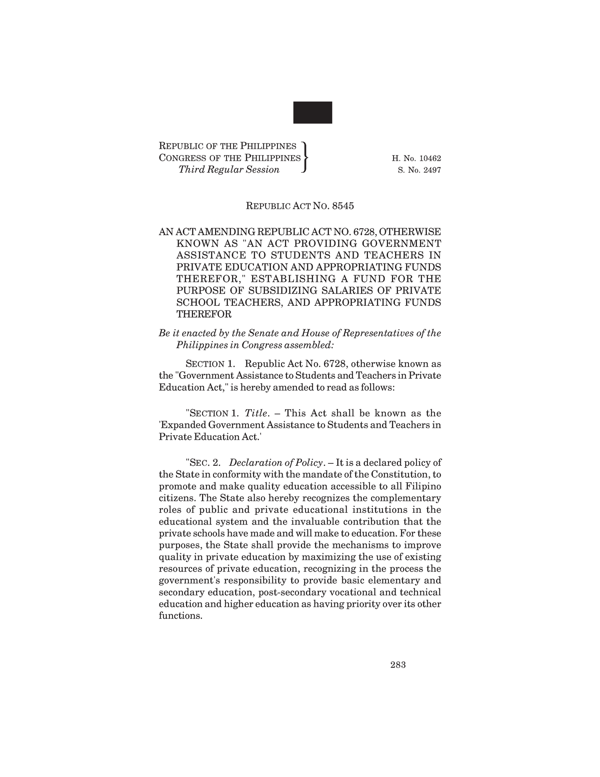 Republic Act 8545 - REPUBLIC OF THE PHILIPPINES CONGRESS OF THE ...