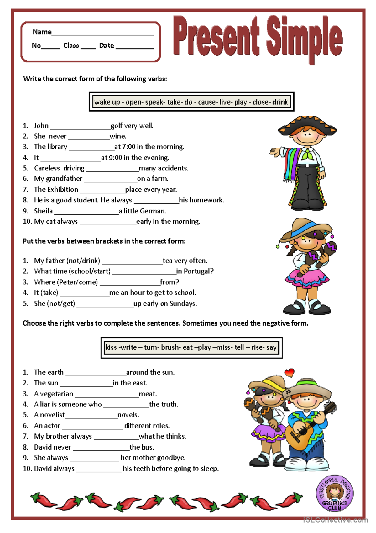 Present Simple - Write the correct form of the following verbs: wake up ...