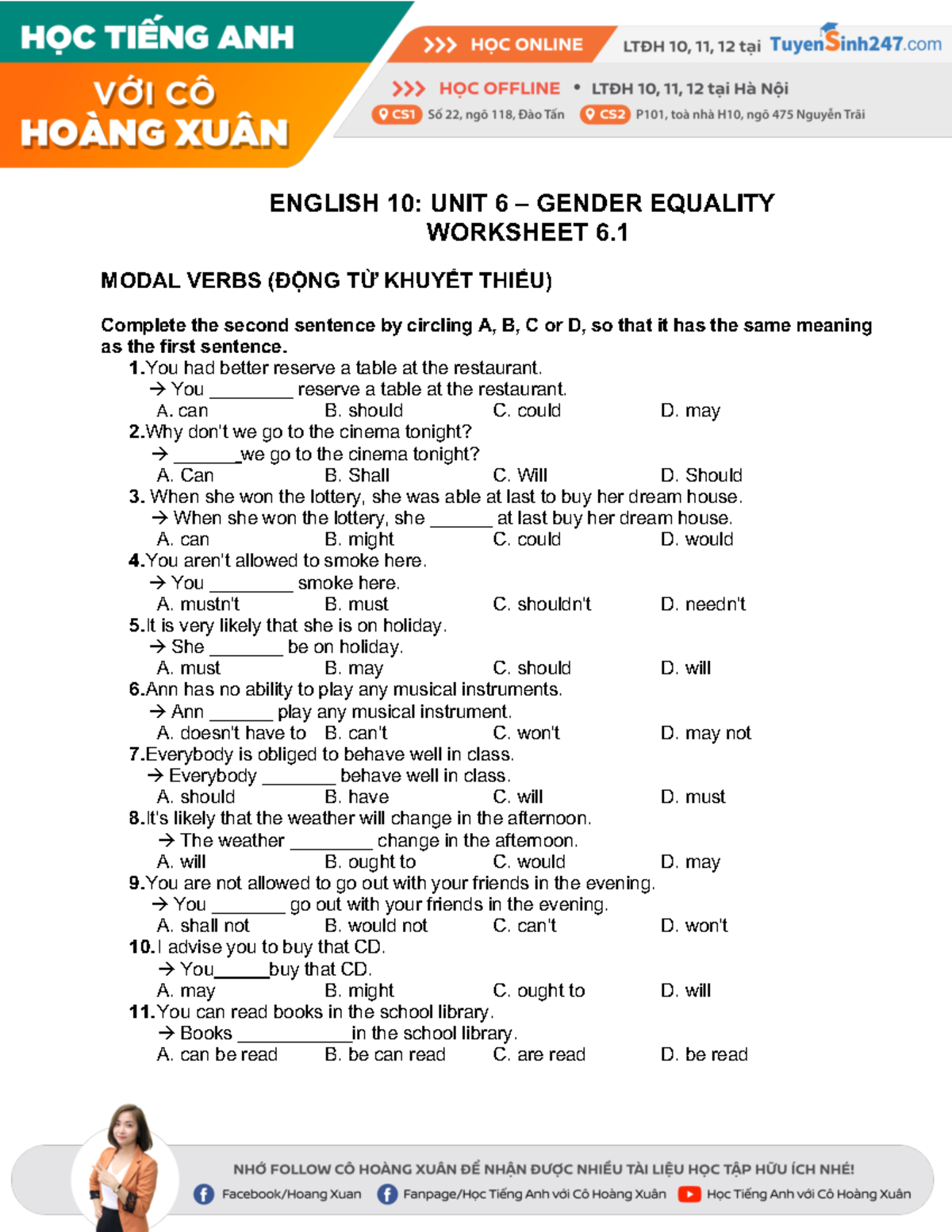 English 10 - Unit 6 - Phiếu 6 - ENGLISH 10: UNIT 6 – GENDER EQUALITY ...