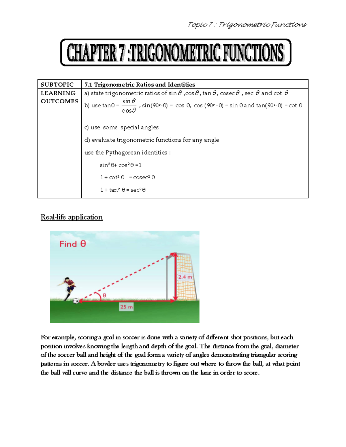 Topic 7 Trigo - SUBTOPIC 7 Trigonometric Ratios and Identities LEARNING ...