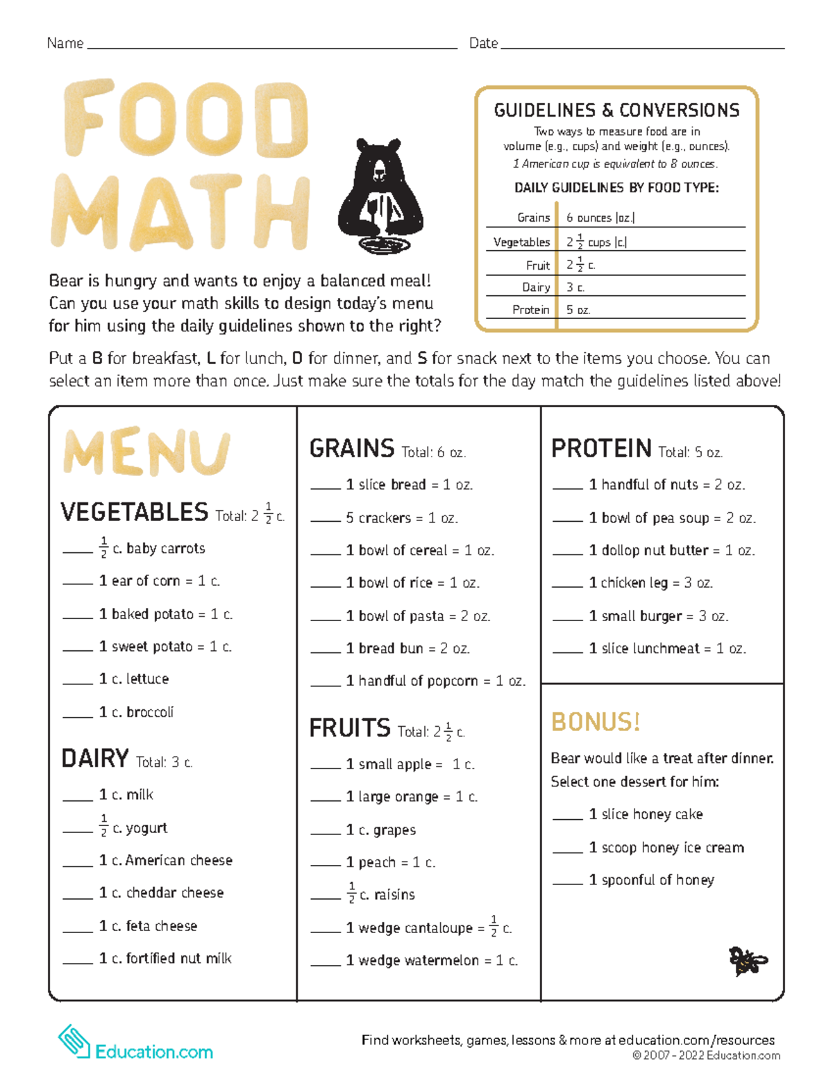 Food-math - dfgretrw - Name Date Bear is hungry and wants to enjoy a ...