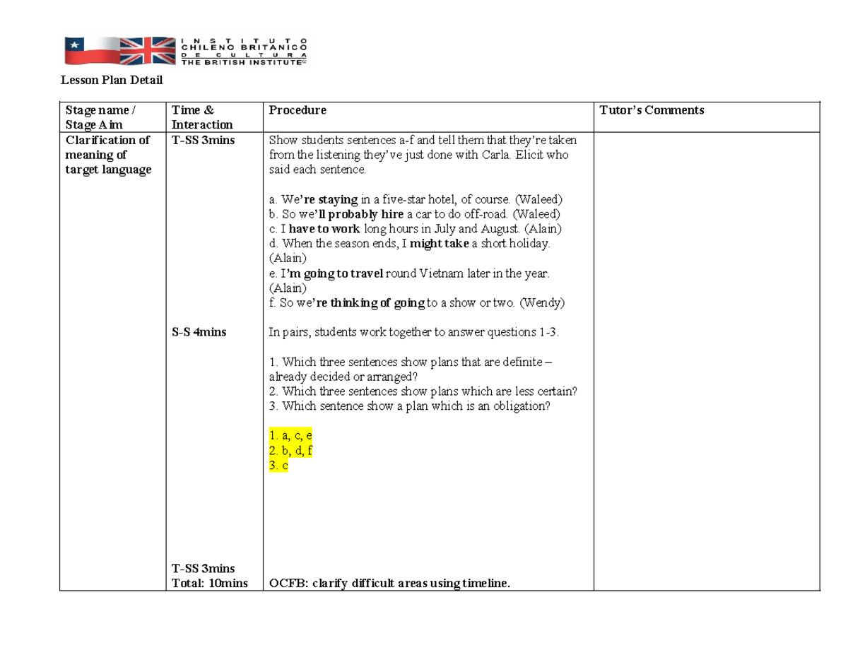 Lesson PLAN TP 3 - m....... - Lesson Plan Detail Stage name / Stage Aim ...