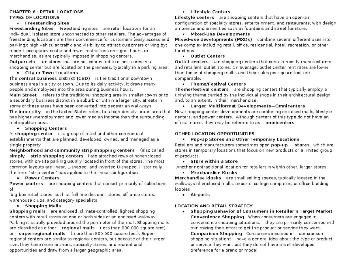 Chapter 6 Retail Management CHAPTER 6 RETAIL LOCATIONS TYPES OF
