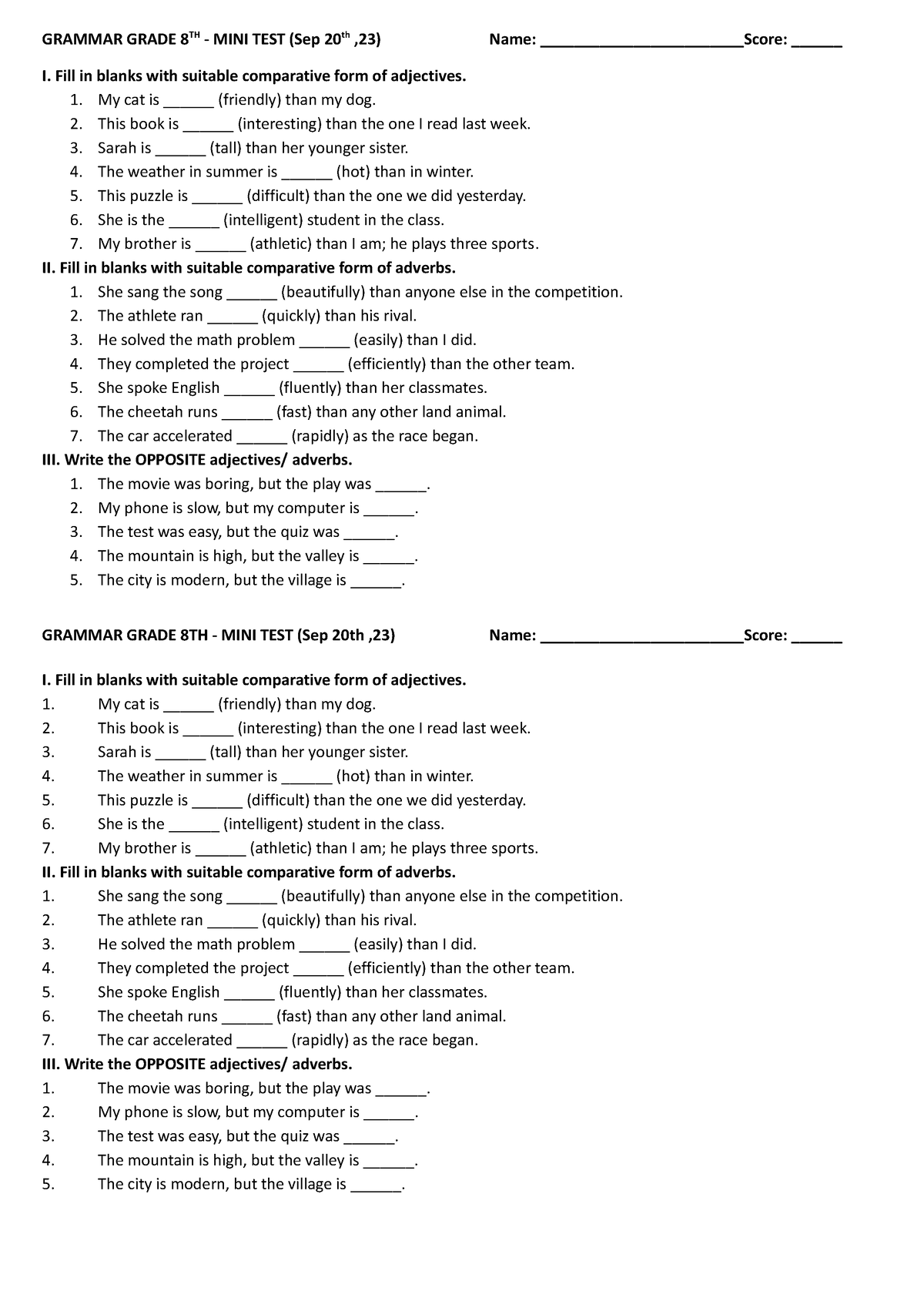 Grammar Grade 8TH 20-09-23 - GRAMMAR GRADE 8TH - MINI TEST (Sep 20th ...