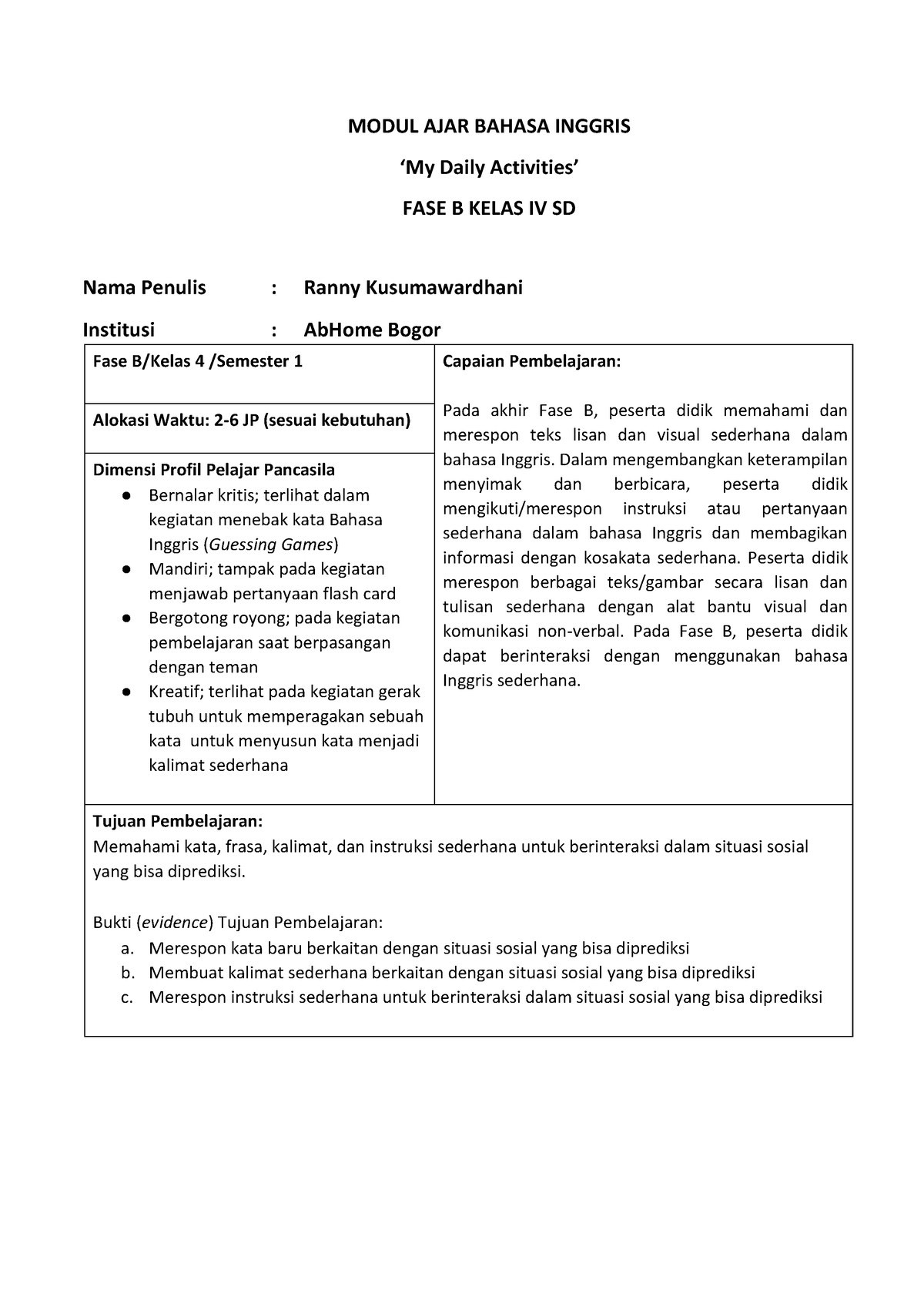 Modul Ajar Bahasa Inggris - My Daily Activities - Fase B - MODUL AJAR ...